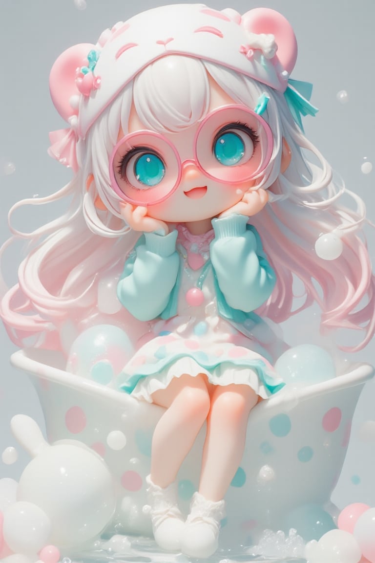 3D figure,Cute anime-style chibi figure, a girl with long flowing colorful Candy hair, Big expressive blue eyes behind pink round glasses. Wearing a white polka dot dress with pink and blue dots, pink trim and a teal blue underskirt. Teal blue cardigan sweater, white and pink animal shaped eye mask on head with eyes closed, small bone decoration and blue ribbon. Pink ribbon in hair,Pink cherry shaped pendant necklace. White rabbit shaped slippers,Posed with one hand raised close to face. Bright expression, figure is immersed in a miniature bathtub full of bubbles,sit down,
Very well-made plastic figure on a clear stand. Soft pastel color palette. Professional product photography lighting and setup. ,lyh,dal,create figure 2,