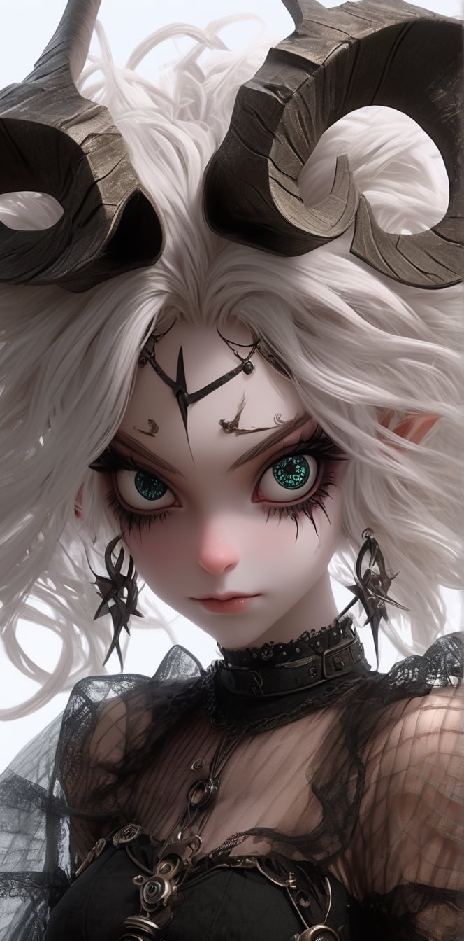 1 girl, (masterful), albino demon girl with lethargic sleepy smokey eyes,(white dreadlocks hair),((slit pupil eyes)),mesh fishnet blouse, (long intricate horns:1.2) ,
best quality, highest quality, extremely detailed CG unity 8k wallpaper, detailed and intricate, 
,steampunk style,Glass Elements