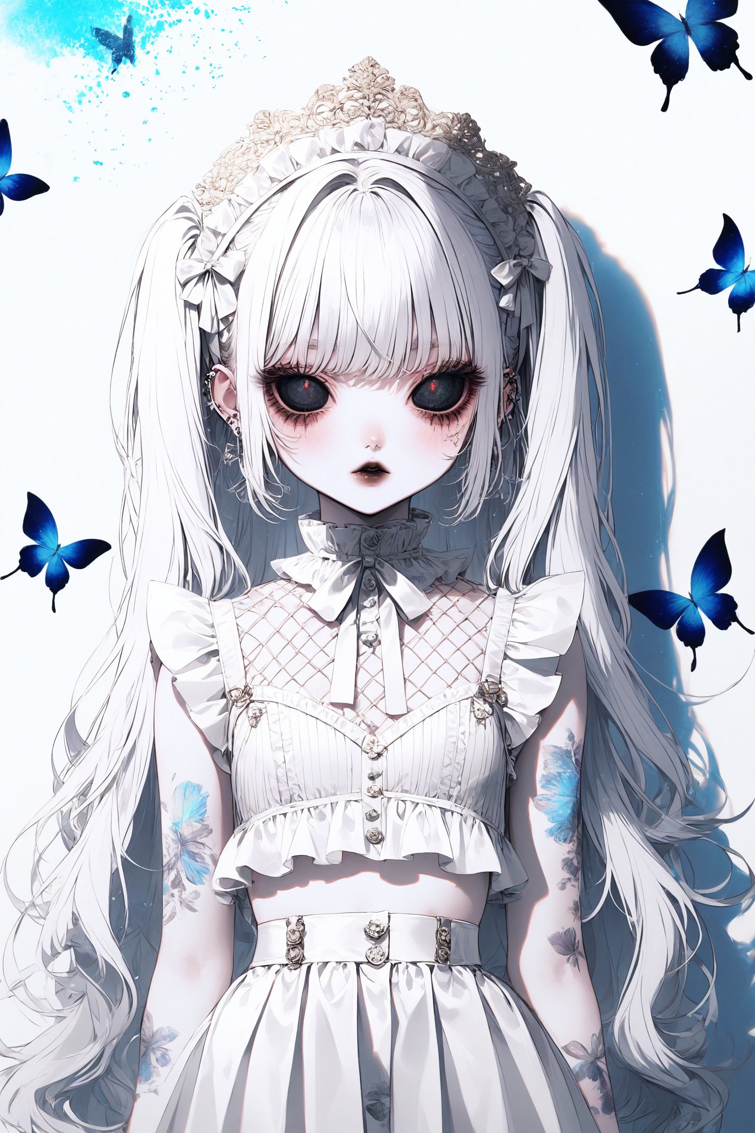 maximum chaos,
1goth girl,psychedelic fashion,sickness,
ultra cute Harajuku Style grunge fashion,Butterfly fairy Lolita themes, albino demon girl,(pure white Extreme long hair),(black sclera;1.2),luxury mesh fishnet blouse,dal-1,ct-niji2,black hands