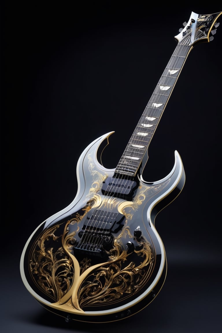 An electric guitar whose head part resembles the Scythe,DonM5cy7h3XL,glass shiny style