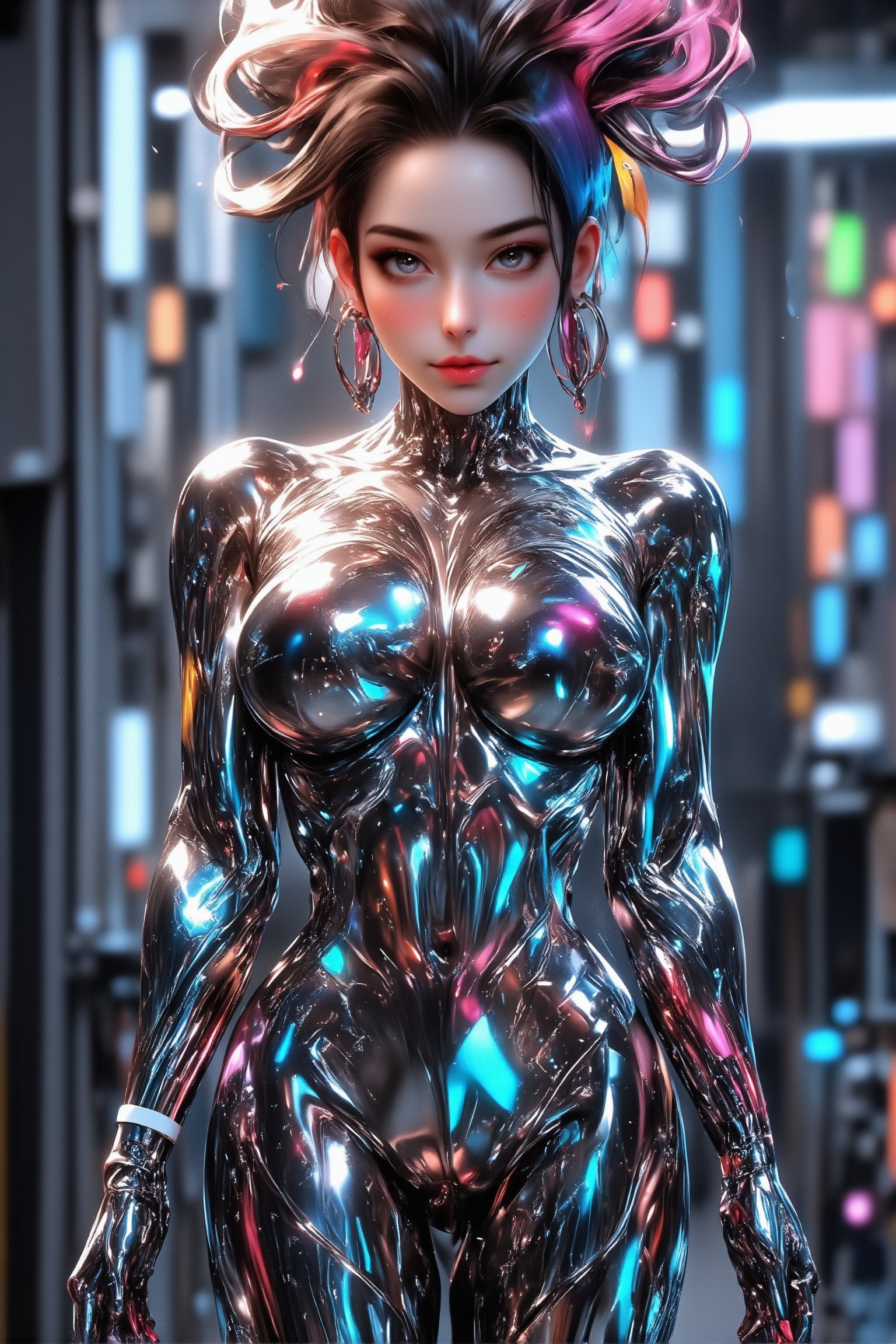 A sleek female cyborg with a mirror-polished chrome body, reflecting its surroundings. Feminine curves accentuate its robotic form. Vibrant, multicolored cables extend from its head like hair, flowing in various directions. Intricate, glowing blue-white tattoos cover the cyborg's metallic skin,tattoos body,creating complex patterns and circuitry designs. The tattoos pulse with a soft, ethereal light. The cyborg stands in a futuristic laboratory setting, surrounded by holographic displays and advanced technology. Its eyes emit a gentle, intelligent glow. Hyperrealistic details, 8K resolution, ray tracing, cinematic lighting.,\mechako\,cyborg_master, QTGIRLREAL,REALNIME