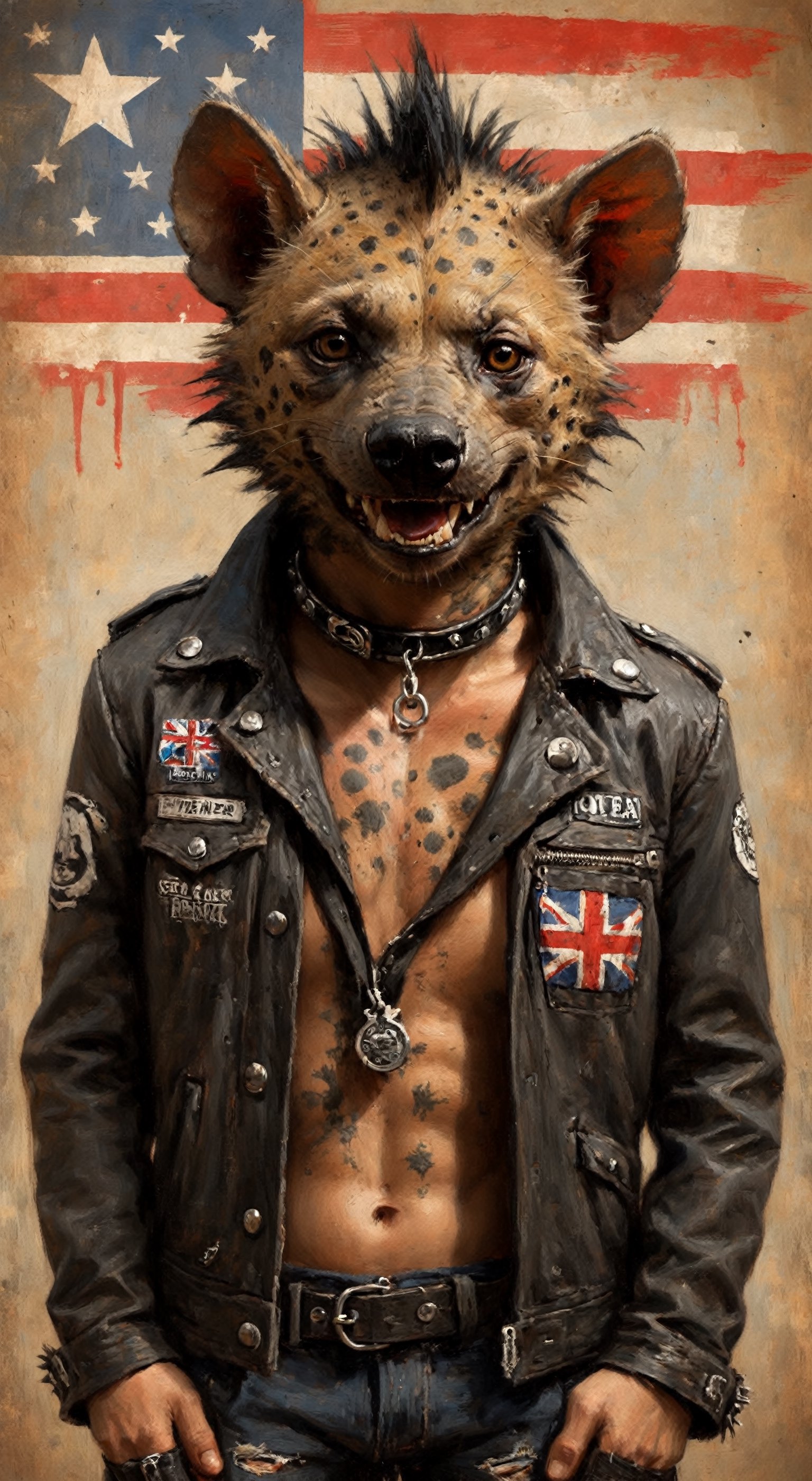 (grunge texturet),Perfect POP art,punk rock street art,anti Flag\(symbol\)
((solo)),wild Male hyena,hyena head man,
 sporting Gothic punk fashion, Piercings adorn its ears, and a studded collar embraces its neck,
Septum Piercing, more Coal, Ratty dreads, More patchs, Crust core, anti union flag design, dirty torn studded Spikes leather jacket, hardcore Punk Style jacket, lot Punk badge,military boots,
The hyena's fur showcases a mix of dark, edgy patterns, while a shredded, asymmetrical punk-style jacket adds a rebellious touch. Stylized spikes along its spine create a fierce silhouette, and smudged black eyeliner accentuates its untamed gaze. This hybrid of Gothic and punk elements transforms the hyena into a unique and striking symbol of alternative fashion and wild individuality,Movie Poster,artint,oil painting,hmnzct,GothEmoGirl