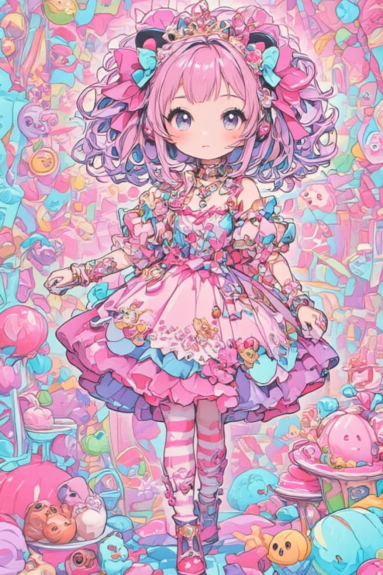 1girl ,vtuber anime character design,love＋peace＋ice cream,big Eyes,(Eyes that protrude from the contours of the face:1.1),(Extremely deformed eyes),
An over-the-top maximalist Vtuber character in hyper-decorative pink Lolita fashion. Her anime-style face features enormous, sparkling eyes in gradient pastel colors, framed by impossibly long eyelashes. Her multi-layered hair cascades in a riot of pastel pinks, purples, and blues, adorned with an excess of bows, flowers, and glittering accessories. She wears a frilly, cupcake-shaped dress in various shades of pink, covered in lace, ribbons, and ruffles. The dress is further embellished with candy motifs, stuffed animals, and miniature tea sets. Multiple petticoats peek out from beneath, each a different shade of pink. She sports striped stockings and platform shoes with heart-shaped buckles, Numerous bracelets, rings, and necklaces adorn her, along with a tiara and cat-ear headphones, background is a dizzying collage of pastel colors,anime style,anime girl,future0615,niji,Chibi-chan,ct-animepopstyle