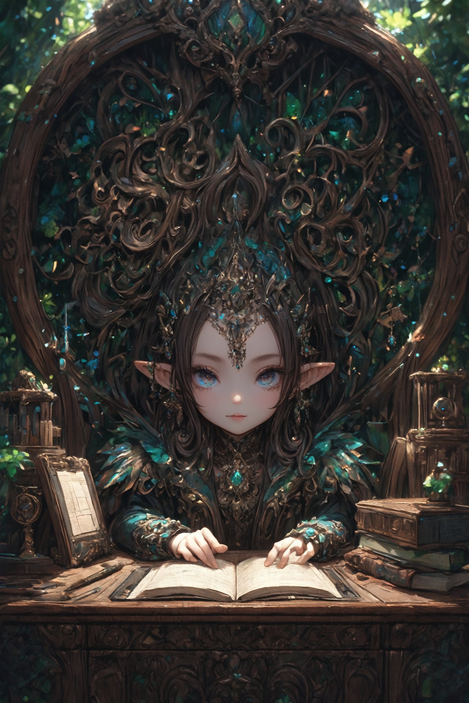 (mythical forest grand hotel reception), fantasy themed decorations, color palette and design,gandeur beautiful fairy receptionist behind its desk, wait calmy to give its viewer a warm welcome,(ultra detailed face, ultra detailed eyes, symmetrical intricate details  symmetrical sharpen details,Deformed,niji6,scenery