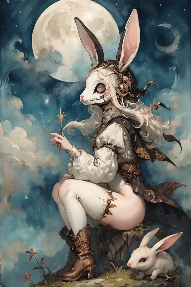 fairy tale illustrations,Simple minimum art, 
myths of another world,Perfect sky, moon and shooting stars,moon on face,
pagan style graffiti art, aesthetic, sepia, ancient Russia,(holy bard),
A female shaman,(wearing a rabbit-faced mask),nodf_xl, in the style of esao andrews,rabbit kissing sheep,
watercolor \(medium\),jewel pet,acidzlime,emo,ruanyi0315,white leotard,high heel boots,papal hat