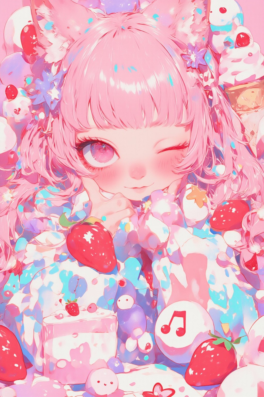 Vibrant colorful anime-style illustration,  cheerful cat girl, long pink hair and cat ears,She's winking playfully, 
round eyebrows,
Wearing a light blue and white outfit with red bow tie,strawberry cake, ice cream cones, and musical notes. Background filled with pastel pink and purple colors. Kawaii style, highly detailed, digital art,Playful and energetic atmosphere. Chibi style elements. Sharp, crisp lines. Bright, saturated colors. 2D art style.,dal style,animaport,lyh,lyh_niji,mia