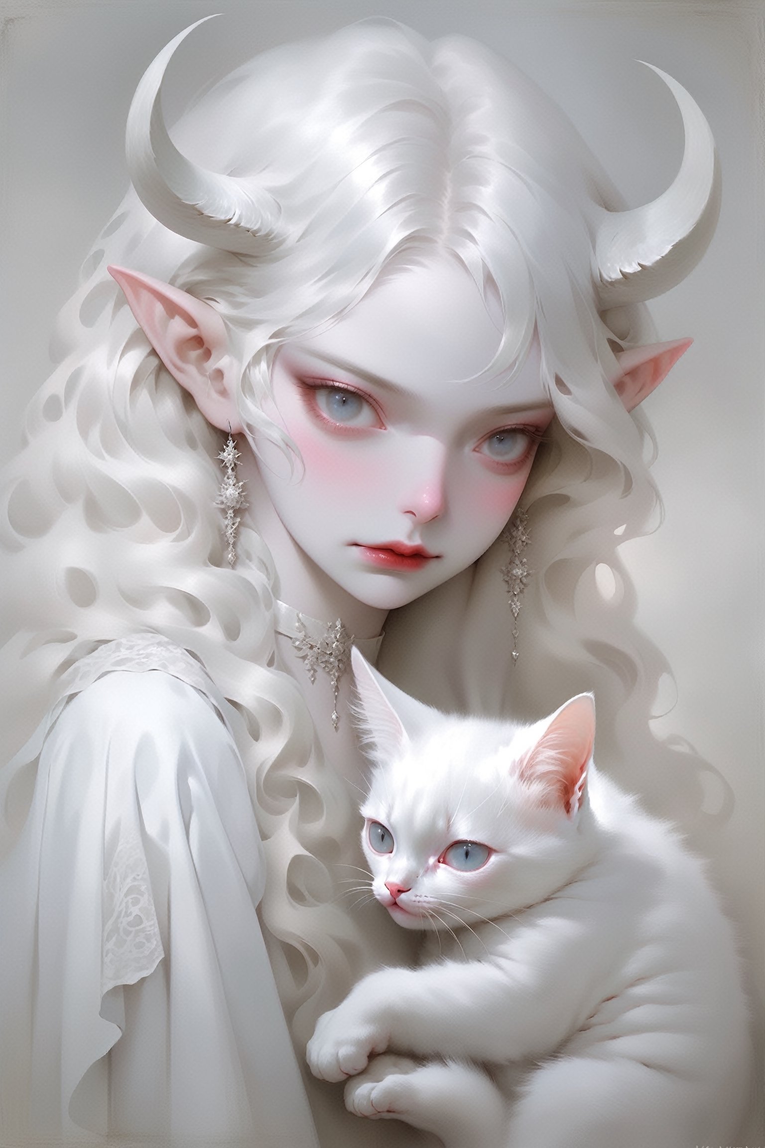 (full body),(long intricate horns:1.2) ,albino demon girl with enchantingly beautiful, alabaster skin,
A benevolent smile,girl has Beautiful deep black eyes,soft expression,Depth and Dimension in the Pupils,
Her porcelain-like white skin reflects an almost celestial glow, highlighting her ethereal nature,Every detail of her divine lace costume is meticulously crafted, adorned with jewels that sparkle with a divine radiance,
 holding white cat,

Capture the subtle intricacies of the lacework, emphasizing the delicate patterns that complement her unearthly features. From the curve of her horns to the flowing elegance of her dress, every aspect contributes to an aura of supernatural allure. The jewels, carefully placed, create a mesmerizing dance of light that enhances her divine presence,

Consider the composition to portray her in a setting that complements her celestial beauty, whether it's a moonlit garden or a mystical realm, Illuminate the scene with soft, enchanting light to accentuate the magical and mysterious atmosphere,The overall goal is to evoke a sense of wonder and captivation, celebrating the unique and transcendent beauty of this albino demon girl,
,goth person