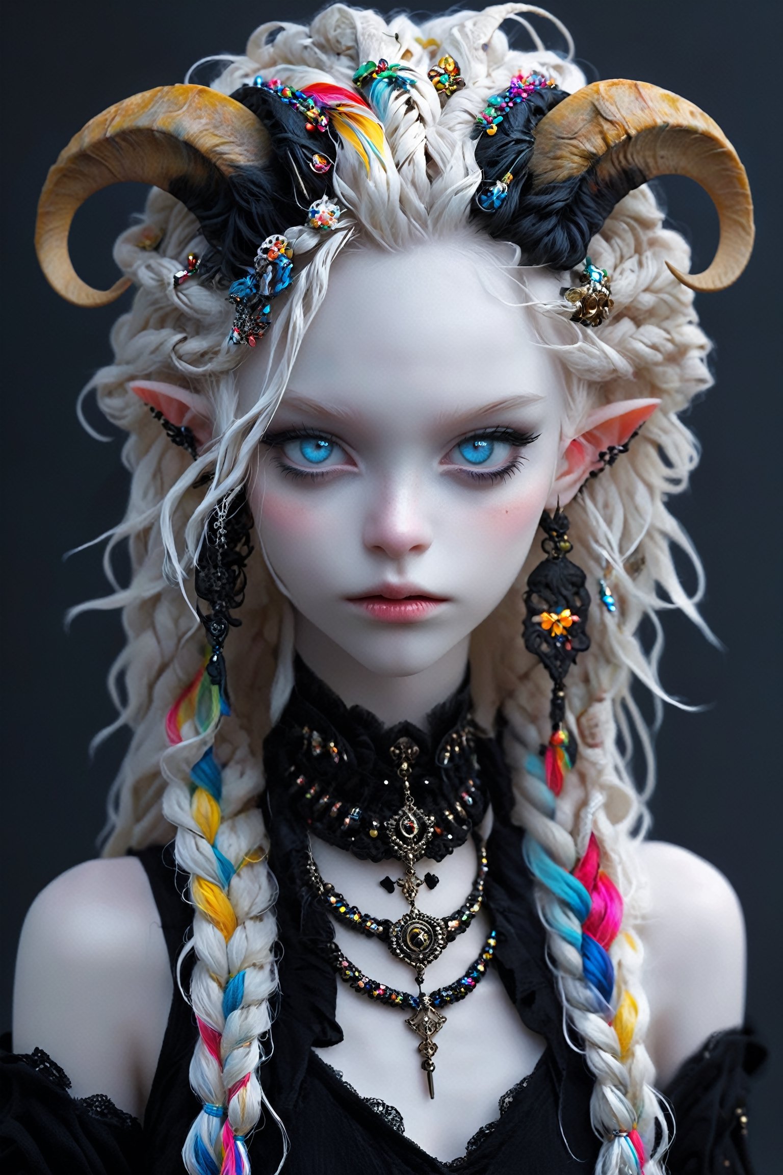 ultra Realistic,1 girl, albino demon girl,(long intricate horns:1.2), Beautiful Blue eyes, with crazy alternate hairstyle, amazingly intricately (dreadlocks) hair,colorful color hair, each braid painstakingly created,decorated with delicate accessories and beads, hair dark gold and black in color,aesthetic,Rainbow haired girl ,ct-niji2