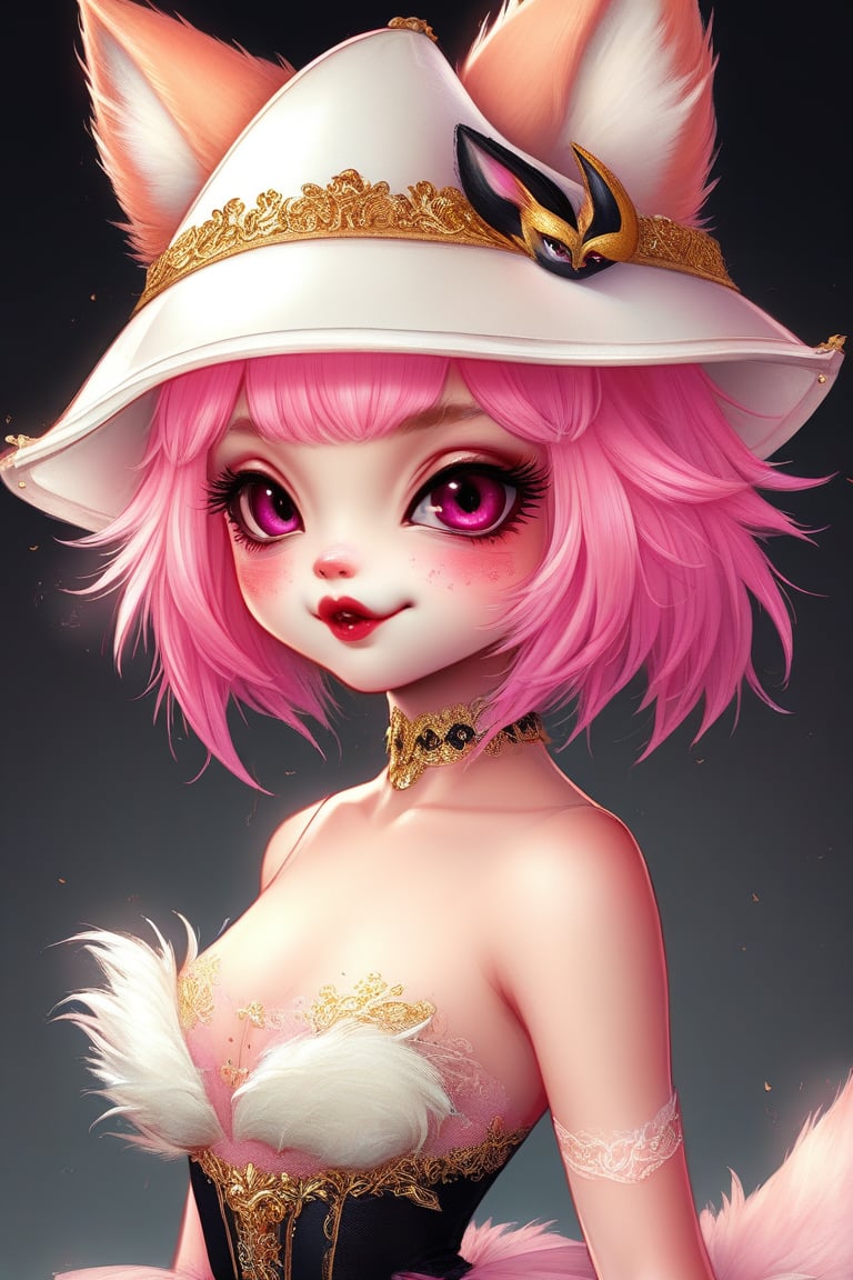 cute pop kawaii art,Furry Girl,
Pink hair, small gothic style hat, fox ears, fox muzzle, golden pupils with vertical slits, white tutu with luxurious golden embroidery, ballet dancer,cuntian