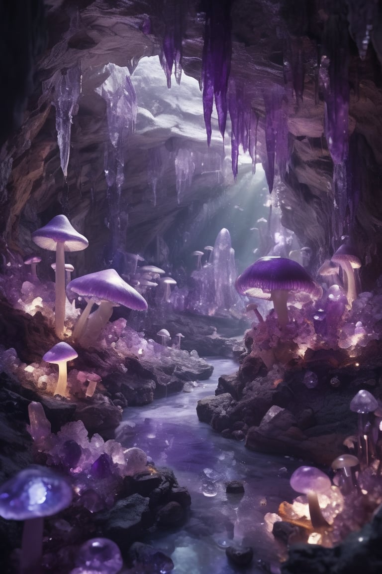 Magical amethyst cave with gemstone mushrooms,Glowing purple crystal walls. Diverse mushrooms made of rubies, sapphires, emeralds, topaz, and amethysts. Quartz clusters and crystal stream. Gem-winged butterflies. Soft, ethereal lighting,
floating jellyfish,
Photorealistic textures with fantastical elements. Ultra HD, focus on light play and gem translucency.",Epic Caves,Amethyst 