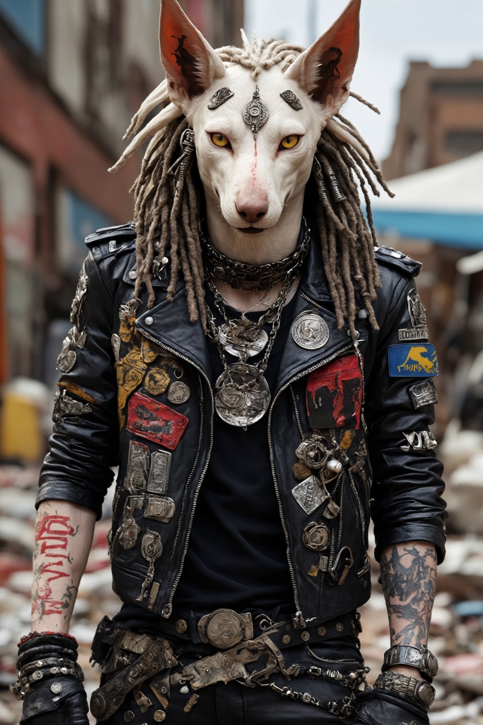 ultra realistic photo,albino representation of Anubis, the ancient Egyptian god, donned in a vibrant and edgy punk rock fashion ensemble, complete with Ratty dreads, More patchs, Crust core, anti union flag design, dirty torn studded leather jacket, hardcore Punk Style jacket, lot Punk badge, dirty black leather pants, dirty long torn leather bootsstuds, and unconventional accessories, rebellious punk aesthetic, ,photo r3al