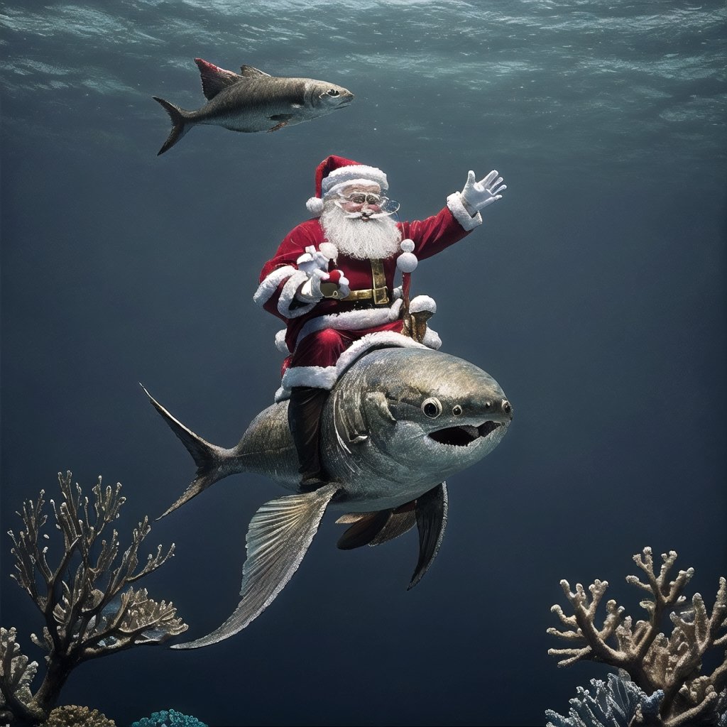 
Santa Claus makes a unique entrance, riding atop a whimsically adorned fish, gracefully gliding through the air, blending the magic of Christmas with the enchantment of the underwater world.
,photorealistic,sacabambaspis,