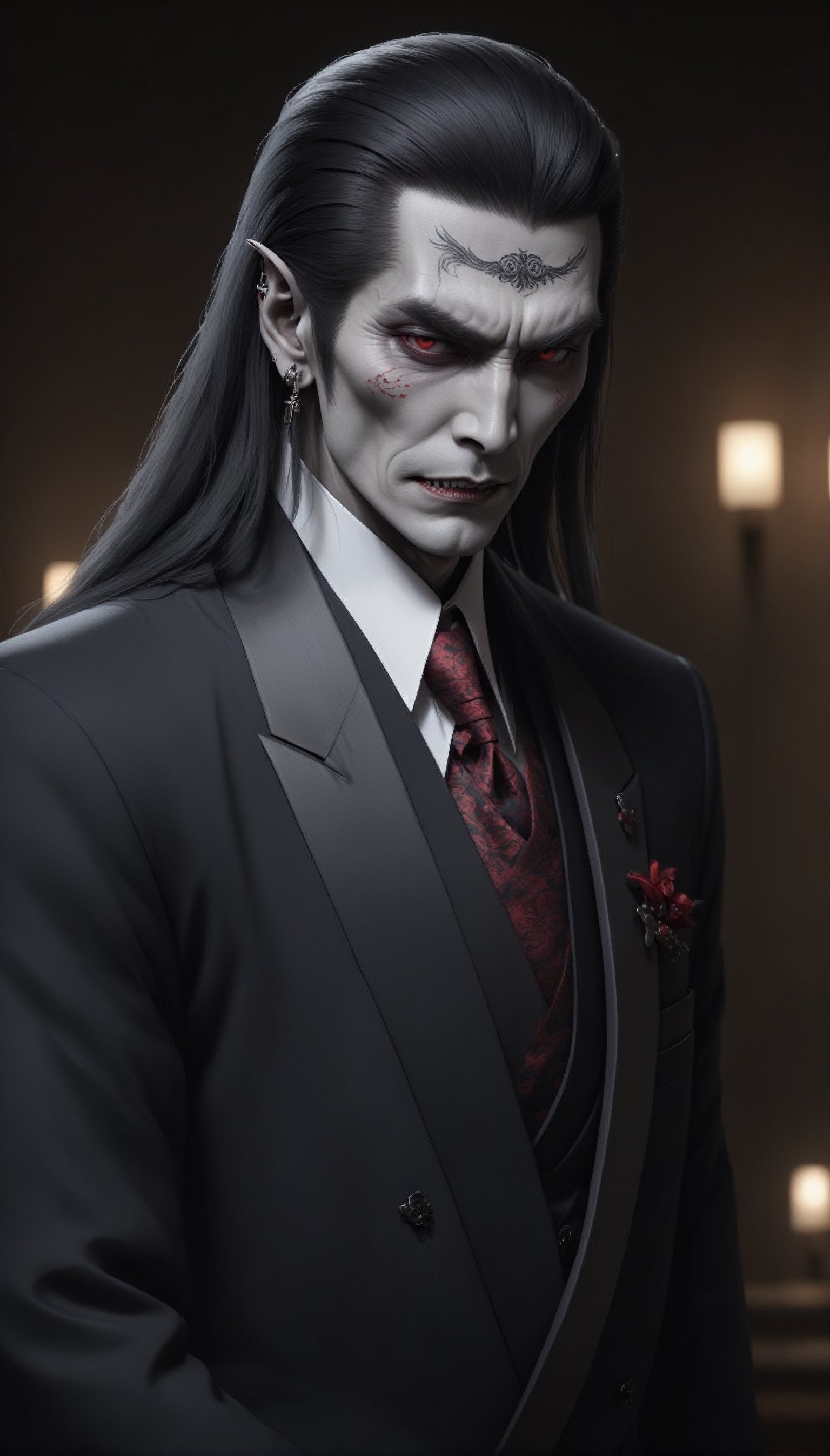 elder vampire exuding the aura of a Yakuza, blending the elegance of the undead with the ruthless demeanor of a Japanese underworld, Clad in sleek tailored suits, adorned with intricate tattoos,long hair,He wears a solemn kimono,
this vampire commands respect and fear alike. His pale complexion and piercing gaze hint at his supernatural nature, while the traditional Yakuza symbols woven into his attire pay homage to his roots. With each step, he exudes an air of authority and danger, embodying the perfect fusion of vampiric allure and Yakuza sophistication."