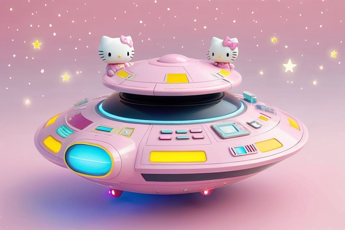 A Sanrio-inspired design of the Starship Enterprise, featuring Hello Kitty as the captain and other beloved characters taking on iconic roles. The ship is adorned with pastel-colored accents, cute character decals, and a playful warp drive. The control panels are transformed into adorable consoles, and the communicator badge is replaced with a charming Hello Kitty emblem. This fusion of sci-fi and kawaii creates a whimsical and delightful Star Trek adventure in the Sanrio universe,kawaiitech,Starship