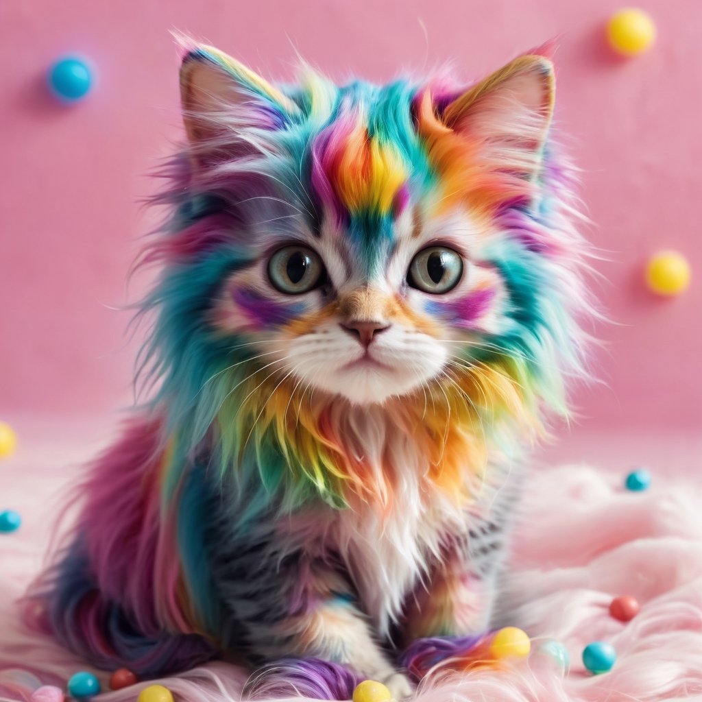 animal Cute kitten, long-haired, 7-colored hair cat, candy-colored body hair,Rainbow haired girl ,Colourful cat ,cat