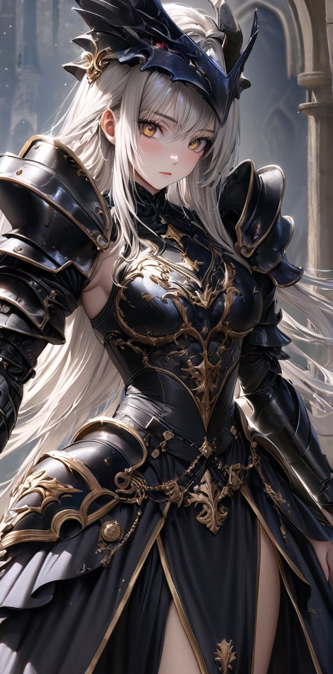 ultra Realistic,Extreme detailed,
1 girl, (masterful),albino drow angel girl, slit pupil eyes, 
Wearing Medieval black Knight Armor,Gold carved full plate Armor,
 best quality, highest quality, extremely detailed CG unity 8k wallpaper, ,cutegirlmix