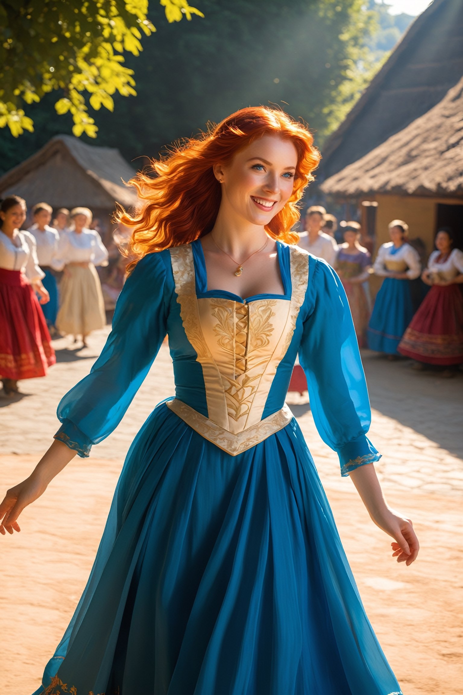 Pictures of a 25-year-old red-haired angel, with a warm,((angel wongs)), happy expression and big blue eyes gazing straight at the viewer, She has a warm, happy expression on her face and large blue eyes that look straight at the viewer. She is dancing in a traditional folkloric dress at a village festival on a sunny day, The viewer has the impression of being her dancing partner, Sunlight rays penetrate the scene created by ray-tracing, giving the sunlight a realistic effect. The background is slightly blurred to focus on her facial expressions and the details of her dress. The lighting is natural and bright, enhancing the cheerful atmosphere,18thcentury,photo_b00ster,bj_Devil_angel,An angel 