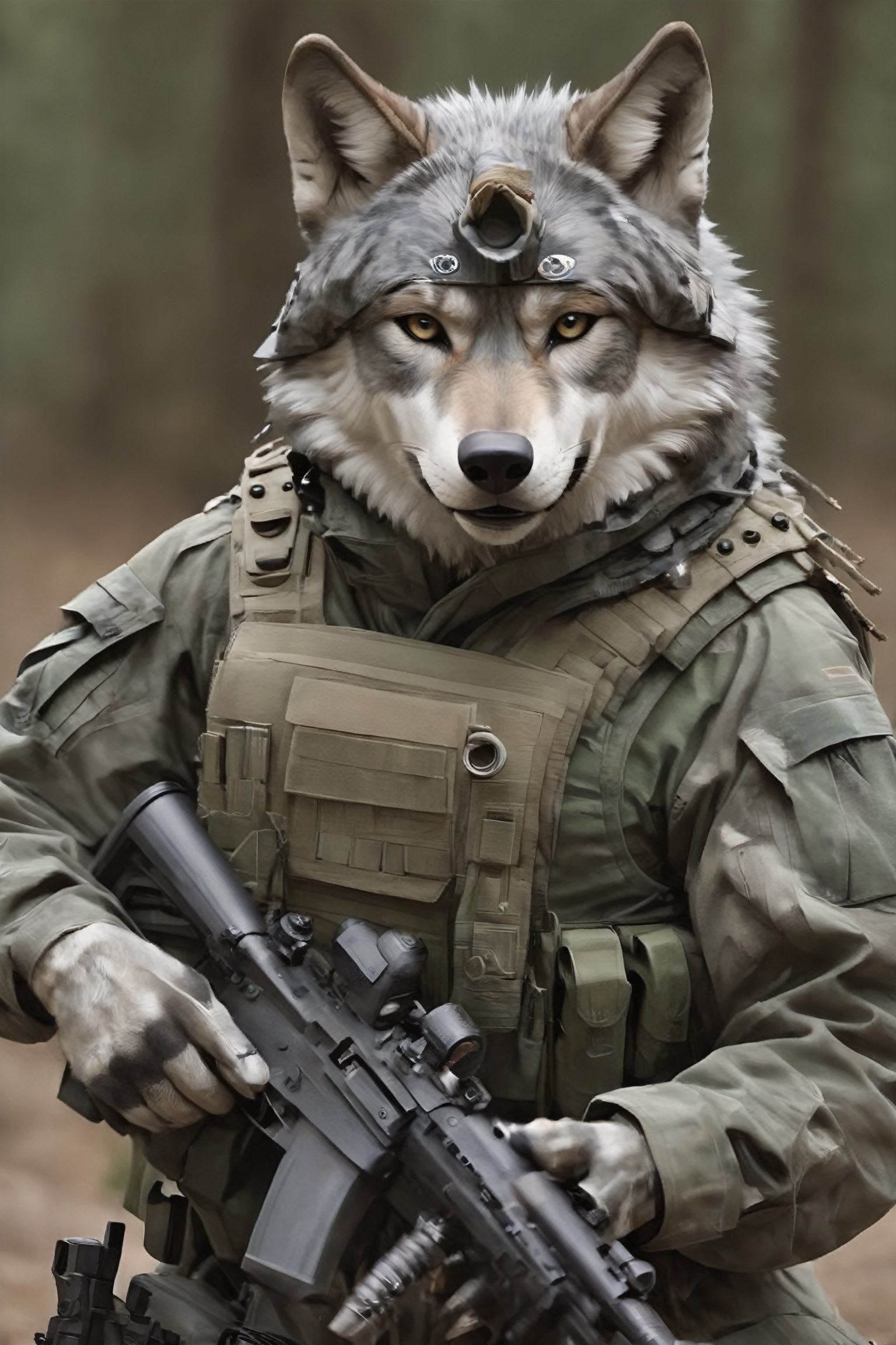A wolf adorned in modern military gear exudes a powerful and commanding presence. Clad in tactical gear designed for efficiency and functionality, the wolf blends seamlessly into its surroundings with camouflage patterns and durable fabrics. Its keen eyes survey the terrain with precision, while its sharp claws and powerful muscles make it a formidable force to be reckoned with.,anthro,mw