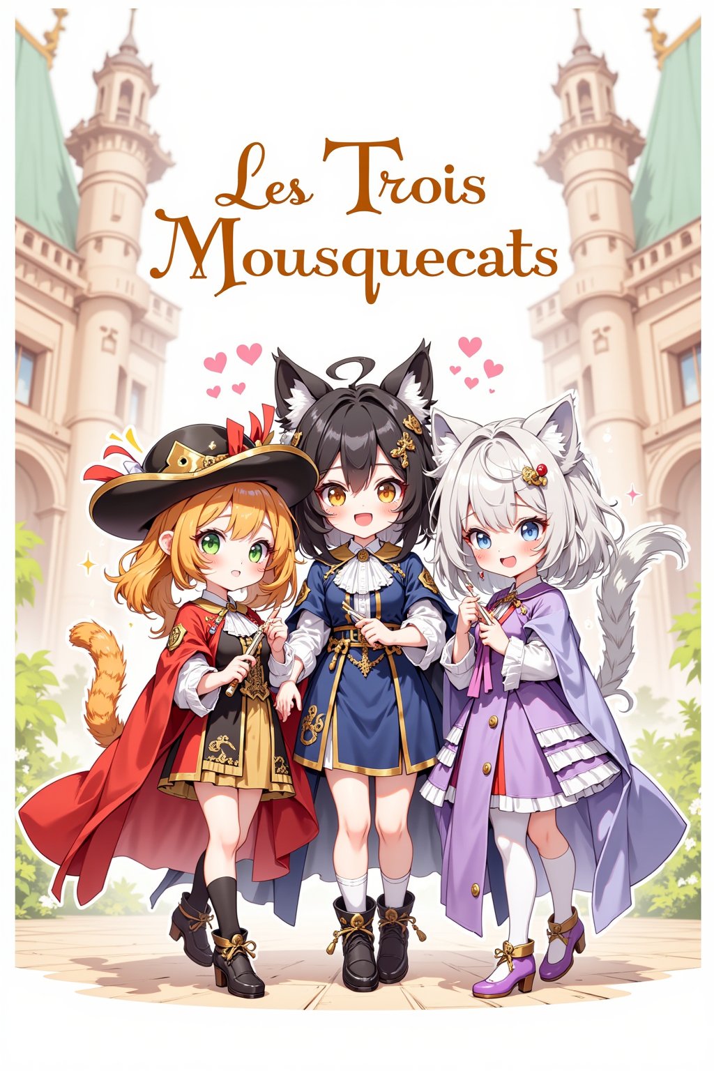 Cute anime-style illustration of three cat girl musketeers. Anthropomorphic feline characters with human bodies and cat ears, tails. Each girl wears a unique, colorful musketeer outfit: plumed hats, ruffled shirts, capes, and boots. First musketeer: orange tabby features, green eyes, red outfit. Second: black fur, yellow eyes, blue outfit. Third: white fur, blue eyes, purple outfit. All hold rapiers playfully. Whimsical expressions, mix of elegance and mischief. Background: stylized French château garden. Soft, pastel color palette. Chibi proportions: large heads, big eyes, small bodies. Fluffy tails peeking from beneath capes. Whiskers and pink noses visible. Sparkles and heart effects for added cuteness. Dynamic poses showing unity and friendship. Combination of 17th century and modern kawaii aesthetics. Detailed fabric textures on outfits. Logo 'Les Trois Mousquecats' in fancy script.