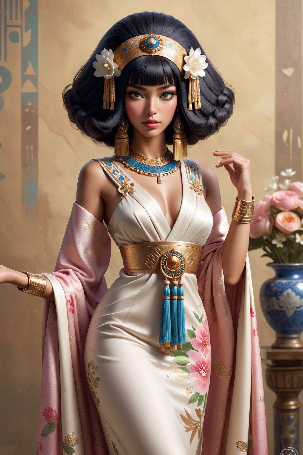 Art nouveau style art,Realistic anime,
melanism Cleopatra,Ancient Egyptian Princess,attire of a OIRAN, Bangs straight bobbed,(dark skin),
creatively blending Egyptian elements with a geisha-inspired look, Envision Cleopatra donning a floral and elegant robe reminiscent kimono, adorned with Egyptian motifs and accessories, Picture the harmonious fusion of Cleopatra's regal charm with the graceful allure of a flower courtesan, creating a unique and captivating representation,Ensure a visually striking image that seamlessly combines the essence of Cleopatra with the artistry of a traditional Japanese OIRAN girl,Extremely Realistic,r0b0cap,miyo,girl,EgyptPunkAI,niji5,Vitiligo,Old