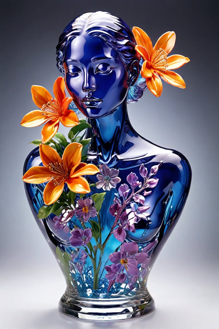 "A translucent glass bust of a woman, exquisitely crafted with smooth, flawless surfaces. The sculpture captures delicate facial features, a graceful neck, and the curve of shoulders. Inside the hollow form, a mesmerizing array of mystical flowers blooms, filling the entire interior. These ethereal blossoms radiate in seven distinct colors - vibrant red, warm orange, sunny yellow, lush green, deep blue, rich indigo, and royal purple. The flowers seem to float and gently swirl within the confines of the glass, their petals and stems creating intricate patterns. Soft, multicolored light emanates from within, causing the glass to glow and creating a prism-like effect on nearby surfaces. The contrast between the clear, solid glass and the vibrant, seemingly alive interior creates a captivating juxtaposition.,hyperrealistic,gl4sst3r,glass shiny style