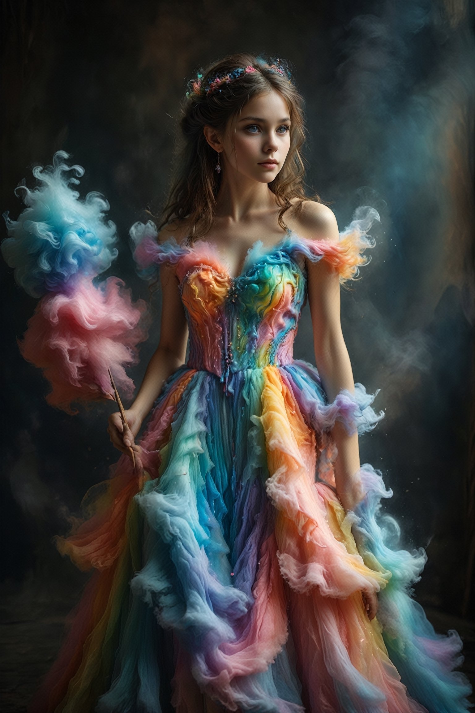 1girl,beautiful Nordic elf,(elf ear), a dress made of seven-colored cotton candy. The gown features layers of fluffy, vibrant hues, blending seamlessly from one color to the next: pink, blue, green, yellow, purple, orange, and red. The bodice is form-fitting, adorned with delicate sugar crystals that sparkle in the light. The skirt is voluminous and airy, resembling clouds of cotton candy, creating a whimsical and enchanting look ,Color Splash,colorful,Nina Aslato