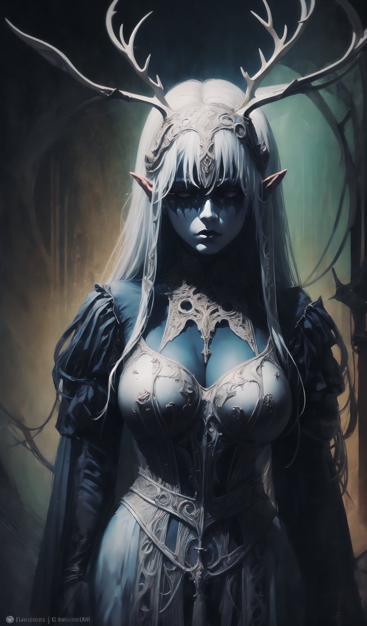 1girl,.albino demon little queen, (long intricate horns), a sister clad in gothic punk attire, face concealed behind a striking masquerade mask,themed,white_aesthetics,photorealistic,Masterpiece,Realistic,dark fantasy,intricate printing pattern ,nodf_lora,Colorful Binary Code Energy