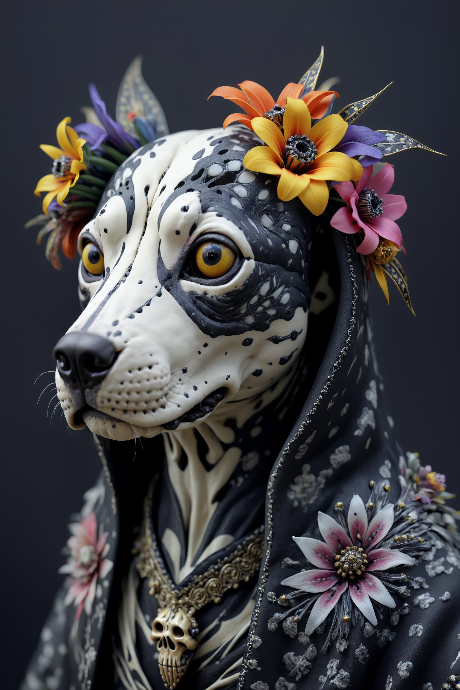 close up portrait, Chaotic black and white patterns, asymmetrical silhouettes, (Ultra High Definition), (Ultra-Realistic 8k CG),colorful Flower,
1 dog,
vivid scene where the  dog skeletal-faced Delicate face, soft skin. very real and beautiful, detailed  dog face, glittering  dog skin, detailed  dog eyes, hyperdetailed, sharp, intricated,fantasy flowers, dog skull decorated with gold, adorned in tattered ceremonial robes,detailed,in Velvet Room,