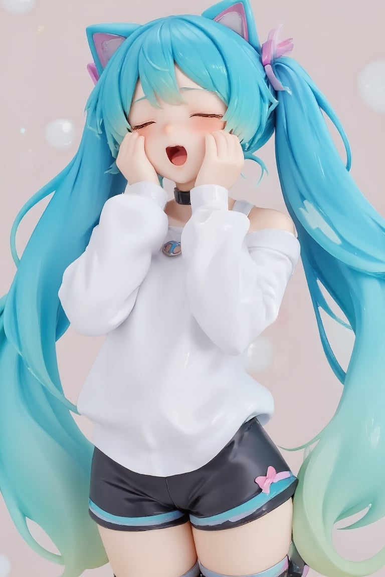 1girl,PVC,Hatsune Miku Resin Figure, poses cutely while yawning loudly. Hatsune Miku has blue-green twin tails with cat-like ears and wears a white long-sleeved shirt with a small Miku logo on the chest. Miku is also wearing black shorts with soft pastel stripes and thigh-high socks,open eyes,
 Her eyes and mouth are slightly open, making her look sleepy. The background has a soft and minimalist atmosphere, giving her an adorable look and a cozy feeling. Masu. Emphasizes a relaxed atmosphere. ,lyh,ATRFX,resin