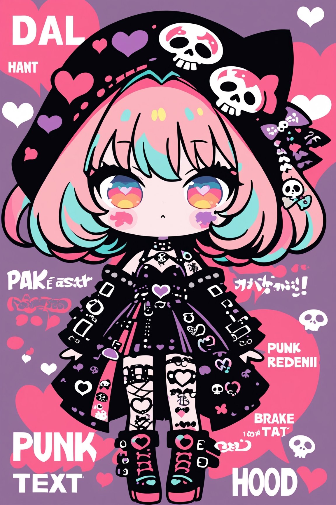 solo,cute Little girl,yumemi riamu,Little Red Riding Hood in a fusion of Japanese-inspired Gothic punk fashion,Red Hood, kimono-inspired gown with Gothic accessories, punk-inspired details,Emphasize the unique synthesis of styles, 
brake
(the text "反抗"),("Punk" text), heart \(symbol\),  Skull\(symbol\), 
pastel goth,dal,colorful,chibi emote style,artint,dal-6 style,sticker