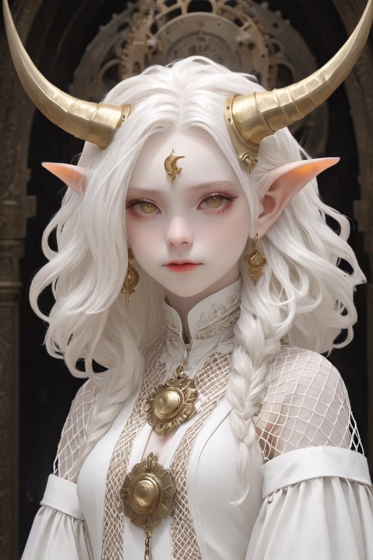 1 girl, , (masterful), albino demon little queen,(white dreadlocks,mesh fishnet blouse, (long intricate horns:1.2) ,
Alabaster skin,wearing solemn white and gold ceremonial robes,
best quality, highest quality, extremely detailed CG unity 8k wallpaper, detailed and intricate, 
,steampunk style,ani_booster