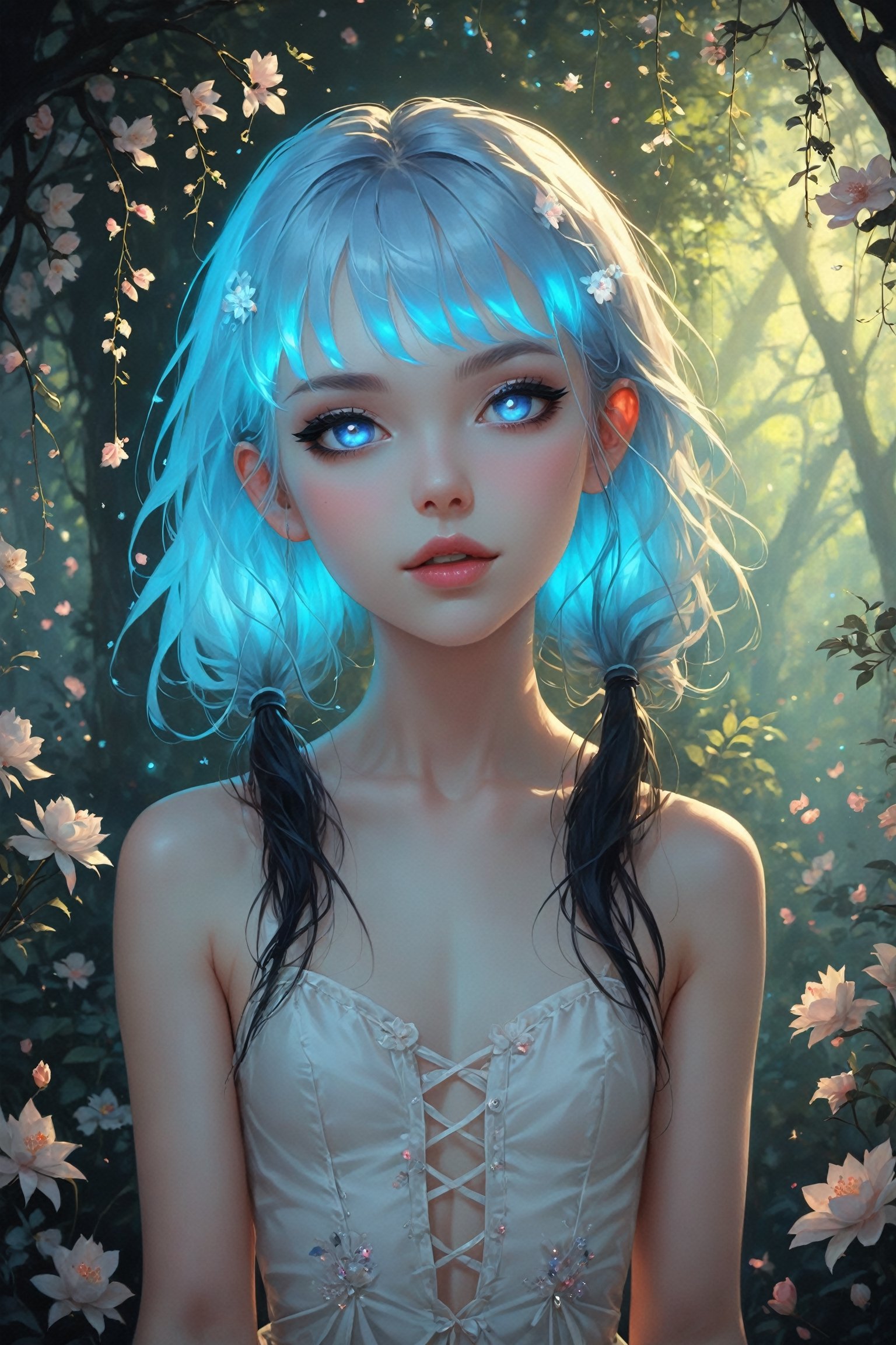  delicate albino Pixie girl,crystal hair,
Beautiful blue eyes, soft expression, (heavy black eyeshadow:1.2), Depth and Dimension in the Pupils,Seven-colored hair that shines vaguely,(colorful hair),
She stands in stillness, adorned with soft, pale-colored petals and delicate flowers cascading from her hair, creating a dreamlike beauty. Her eyes, silver or pale blue, convey mystery and wonder as she moves gracefully through the enchanting landscape.,zavy-hrglw,Rainbow haired girl 