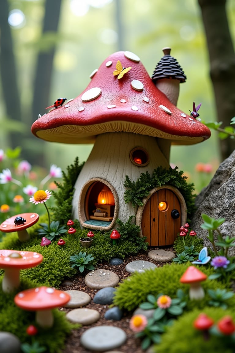 A mushroom-shaped fairy house, a whimsical miniature village, lush vegetation, small windows and doors, thatched roofs, bright wildflowers, mossy stones, fairy lights, mushroom rings, butterflies and ladybugs, miniatures gardening tools, bird baths in acorn hats, dew on leaves, soft morning mist, sunlight filtering through the trees, pastel color palettes, enchanting forest backgrounds, intricate botanical details,