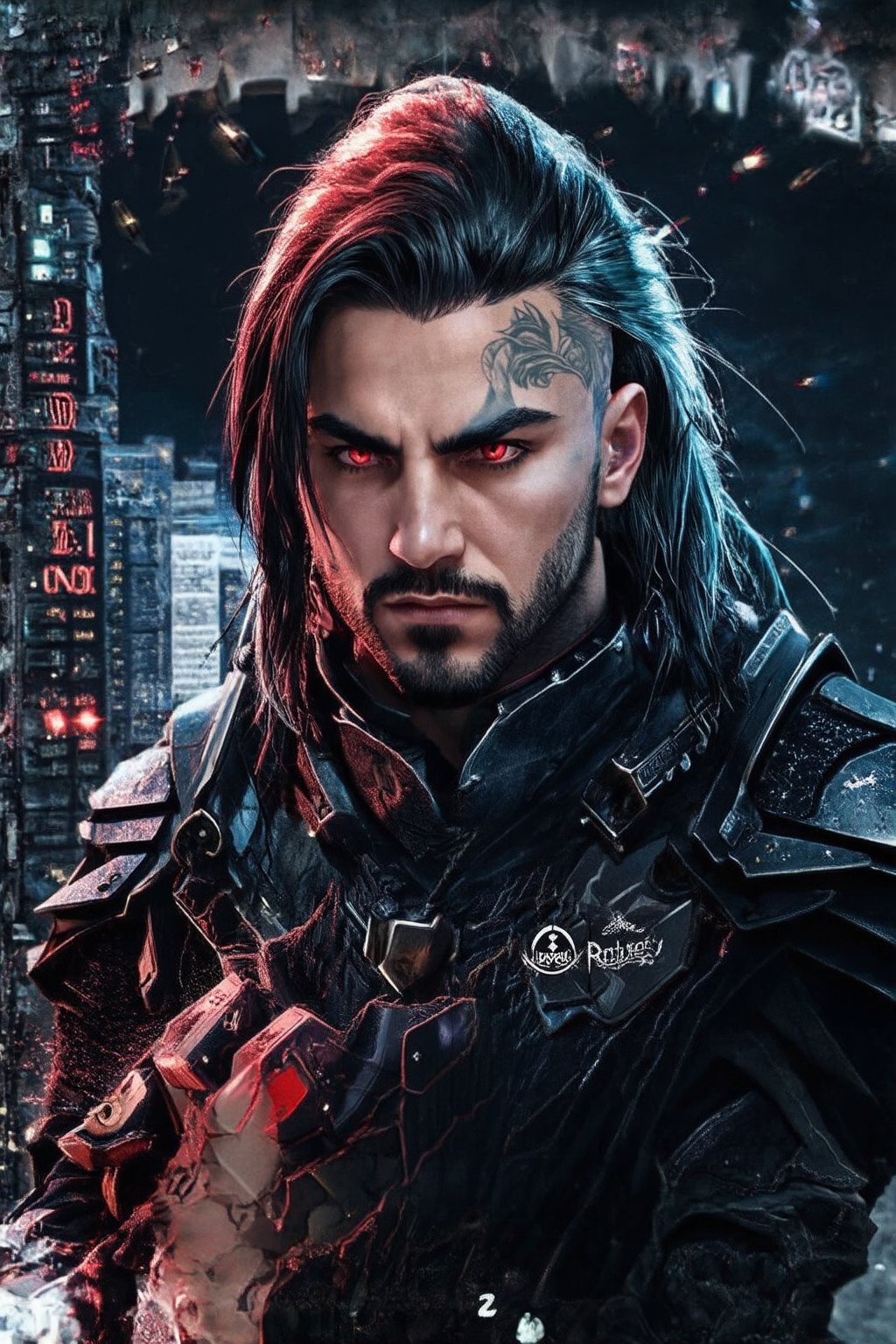 ultra Realistic,Extreme detailed,1 man,badass man,
Neon punk Cyber design,
long hair,((tattoo on forehead:1.2)),Full body,
A vampire with a beautiful and cool design, ominous red eyes, sickly fair skin, and sharp black armor,Digital,Style,bioluminescent,realistic