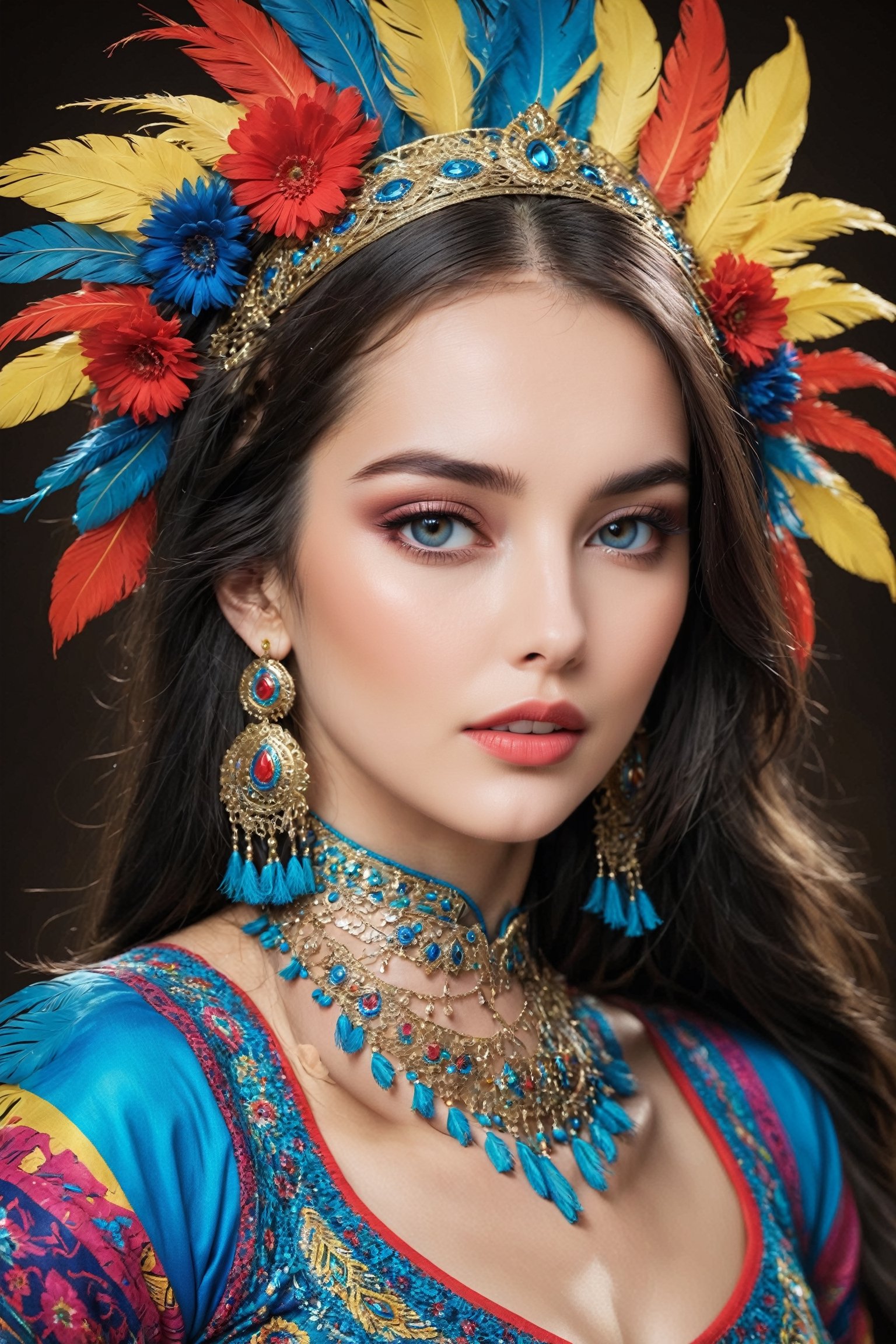 A Ukrainian hot woman,beautiful blue eyes, dons the traditional attire of the Andean cumbia dance, blending her Ukrainian heritage with vibrant Andean culture, Her outfit features colorful patterns and intricate designs, symbolizing unity and diversity,
With graceful movements, she seamlessly merges Ukrainian elegance with Andean vibrancy, celebrating cultural exchange and embracing multiculturalism through the universal language of dance.
,Enhanced All,Realistic Blue Eyes