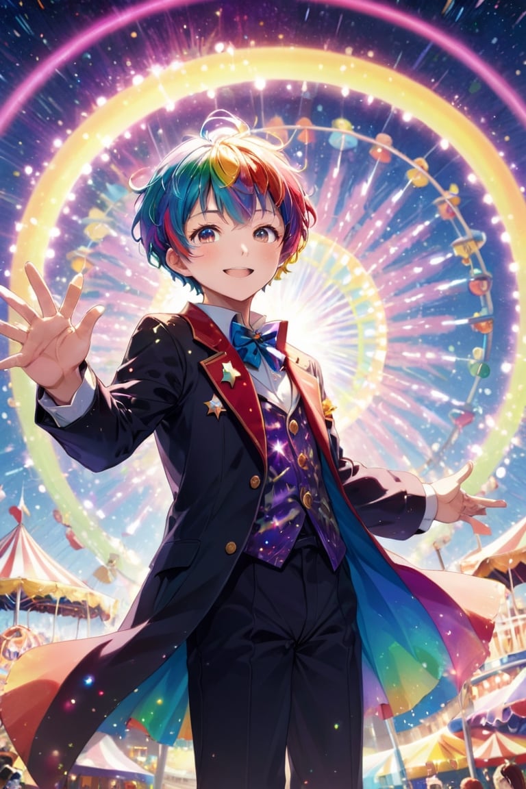 Pan Shot, a playful anime character dissolving into sparkling, magical particles, transforming into vibrant, rainbow-colored paint, radiating with joy and excitement, illuminated by shimmering starlight, inspired by the Akihiko Yoshida, tilted frame, looking at the camera, Telescope lens, with a whimsical carnival as the background