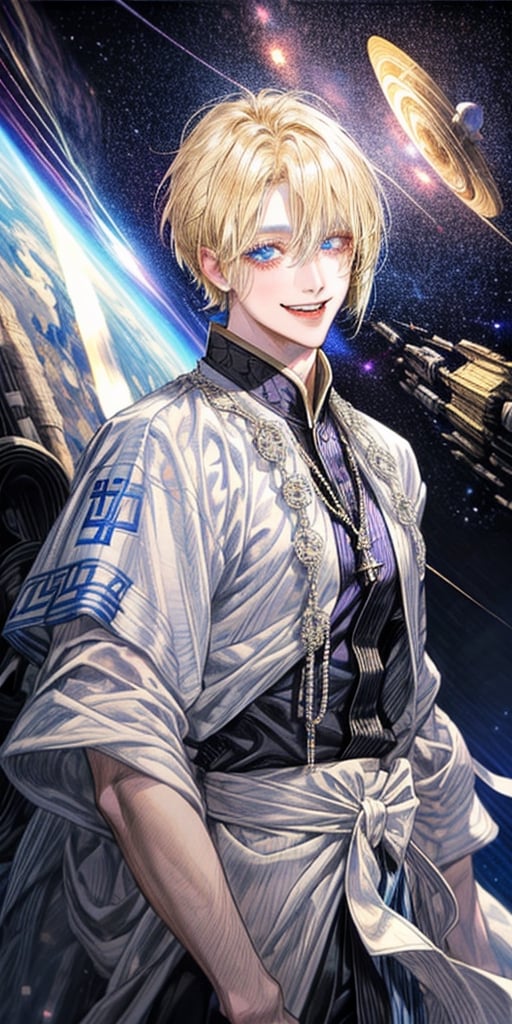 1boy Solo
visual-kei,ikemen, blonde and White layered short BOB､Sparkling BLUE eyes, purple eye shadow､long fang､smile
Wearing Greekclothes,
hyper space background､
Extreme Detailed,