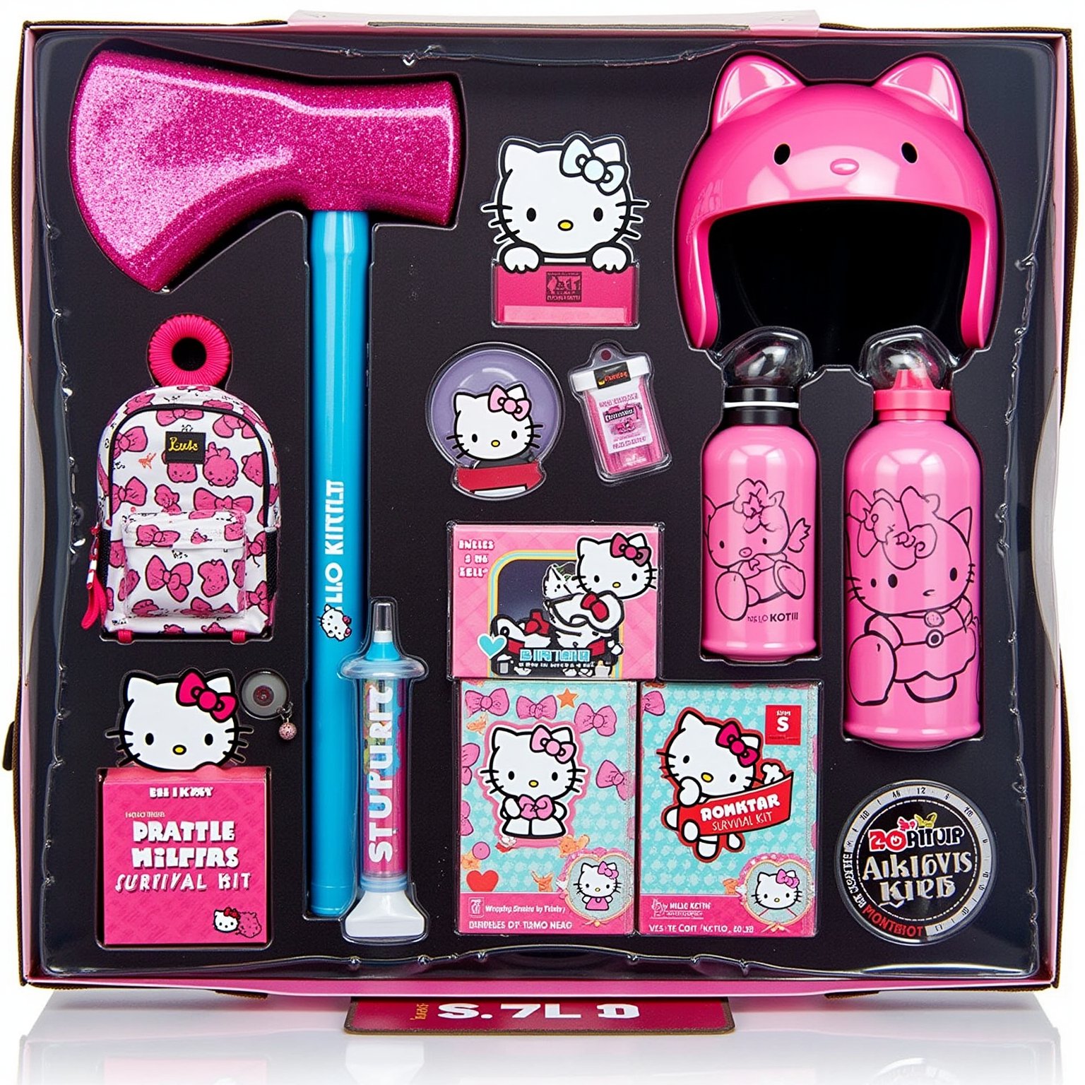 The "Zombie Survival Kit" is filled with adorable Hello Kitty-designed items. The kit includes a bright pink sparkly axe with Hello Kitty's face on the handle, a cute and compact backpack covered in her iconic bow, a small decorated first aid kit, Hello Kitty-printed bandages and syringes, a sleek water bottle with Hello Kitty's face etched on it,Completing the kit is a stylish bubblegum pink helmet with Hello Kitty's ears sticking out from the sides,(The screen has the text "Hello Kitty Survival Kit" and "$450" written in cute font)