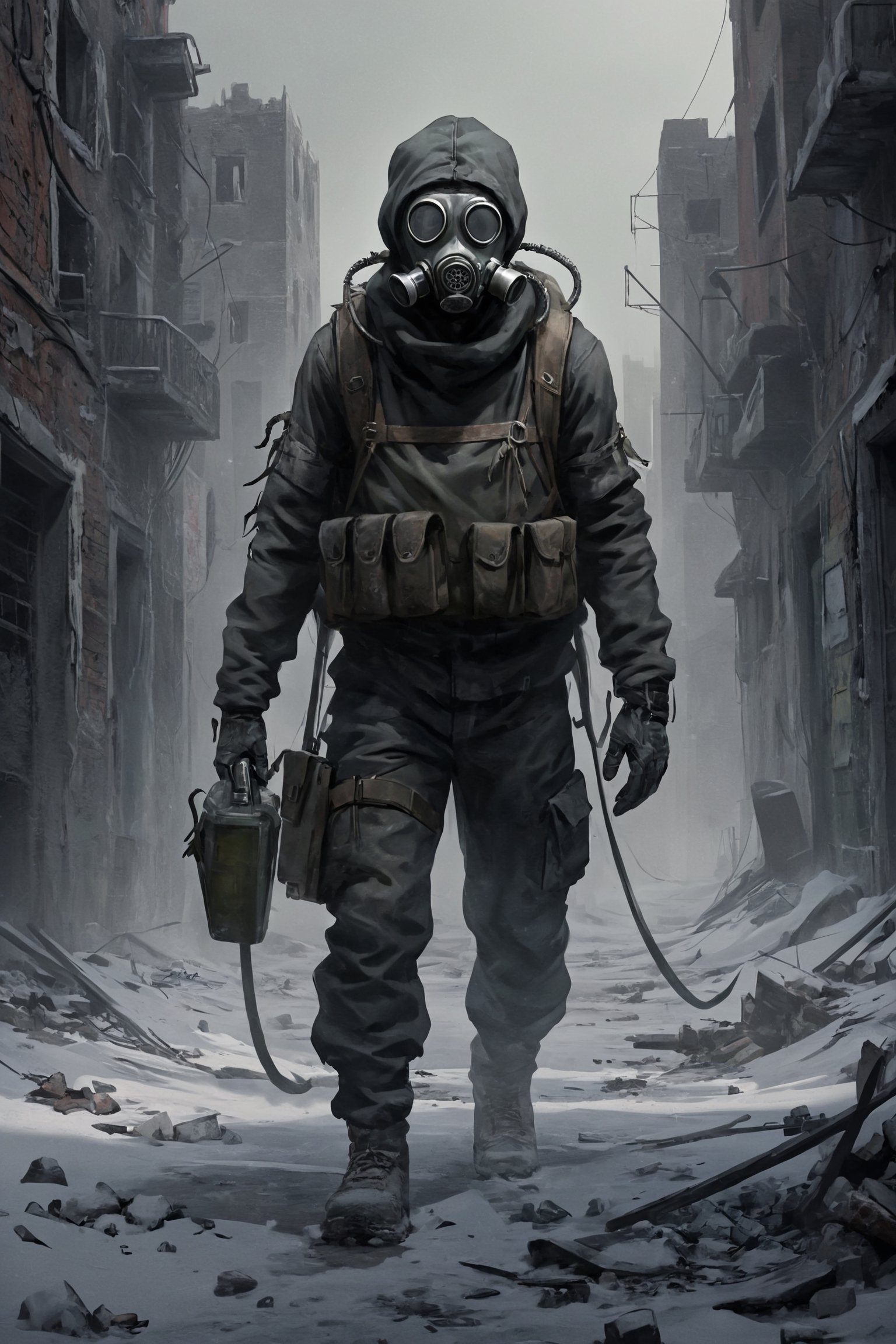 post-apocalyptic cityscape, where decay reigns supreme,snow,Amidst the ruins, visualize a lone figure—a man wearing a gas mask, donned in tattered clothing, with a backpack slung over his shoulders. The dim light reveals his determined silhouette as he stealthily navigates through the shadows, scavenging for essential supplies to survive in this unforgiving world. Convey a sense of isolation and resilience, capturing the harsh reality of a post-apocalyptic existence through the haunting presence of the gas-masked man in the decaying urban environment.",winter resort1,stalker