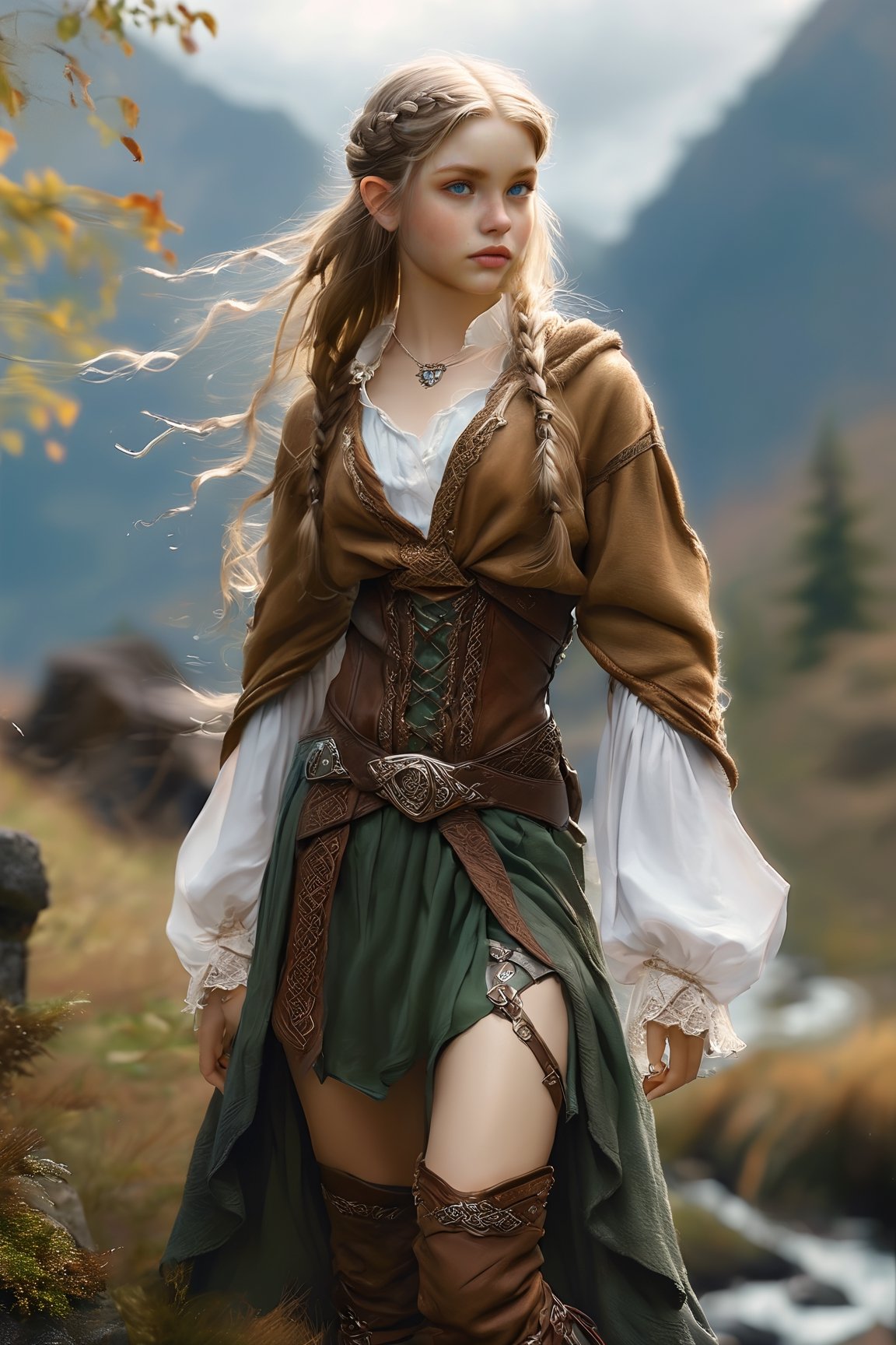 1 girl,elf traveler, combines rugged practicality with elfin elegance in attire inspired by medieval Nordic fashion, wearing Celtic-inspired garments, cowboy chaps, thigh-highs, tunics and cloaks, and an air of elegance.,Young Girl