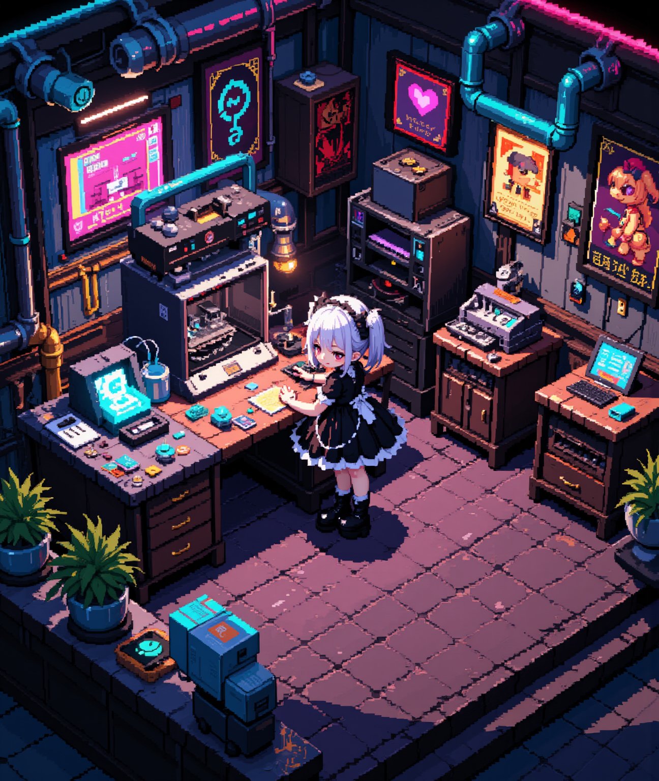 3D pixel art scene, isometric view. Anime-style characters and objects composed of colorful voxels. High contrast lighting with neon accents.

Focal point: Gothic Lolita girl working in a cyberpunk workshop.
- Girl: Black and white frilly dress, platform boots, twin-tails hairstyle
- Face: Large pixel eyes, rosy cheeks, small mouth
- Accessories: Pixel bow, chunky jewelry

Cyberpunk workshop details:
- Cluttered workbench with pixelated tools and gadgets
- Holographic screens displaying scrolling code
- 3D printer creating a glowing object
- Exposed neon tubes and cables on walls
- Floating robot assistant with pixelated emotes

Environmental elements:
- Steampunk-inspired gears and pipes in background
- Retro-futuristic computer terminals
- Voxel smoke or steam rising from machinery

Color palette: Deep purples, electric blues, neon pinks, and cyber greens against darker background

Lighting: Dramatic shadows and highlights emphasizing 3D nature of pixels
- Glow effects from screens and neon signs
- Reflection on metallic surfaces

Additional details:
- Pixelated posters of anime characters on walls
- Voxel cat familiar perched on a shelf
- Cubic plants in geometric planters

Animation suggestion (if applicable): Subtle pixel movements like blinking lights, rotating gears, or floating particles,Pixel Art,1girl