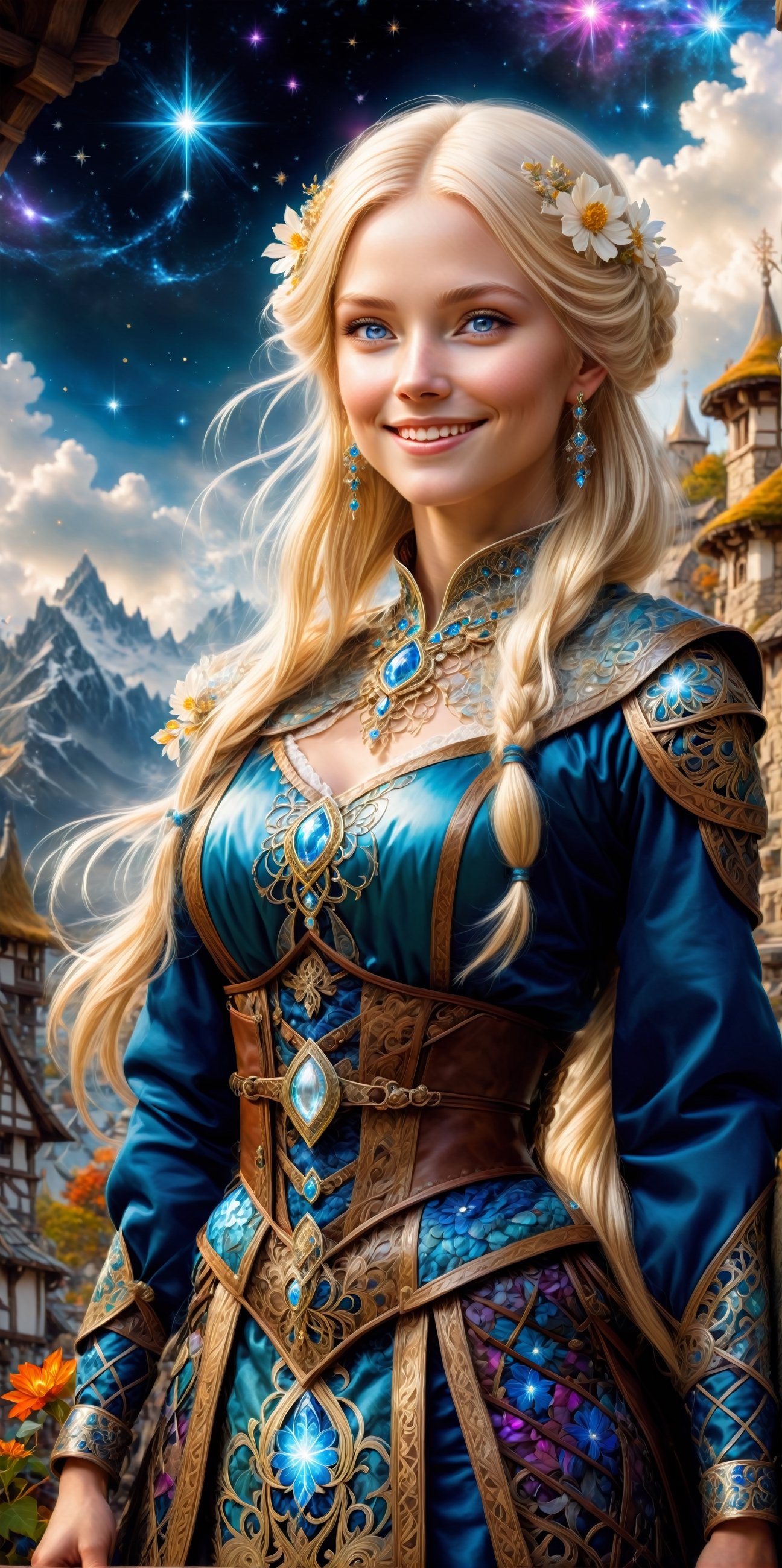 Extreme detailed,ultra Realistic,natural smile,looking up,
beautiful young Viking lady,platinum blonde shining hair, blue eyes,fractal art Clothes,
Wearing Viking royal  highly detailed clothes, adorned with laces and floral elements, luxurious laces,
bending posture, looking into the distance, 
beauty village background,
,ol1v1adunne,Wonder of Beauty,Magical Fantasy style
