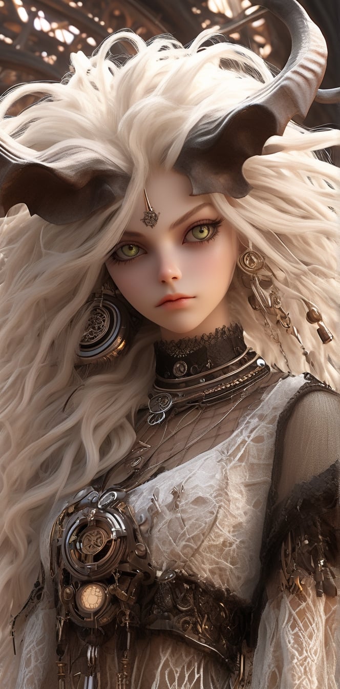 1 girl, (masterful), albino demon girl with lethargic sleepy smokey eyes,(white dreadlocks hair),((horizontal elongated pupils)),mesh fishnet blouse, (long intricate horns:1.2) ,
best quality, highest quality, extremely detailed CG unity 8k wallpaper, detailed and intricate, 
,steampunk style,Glass Elements