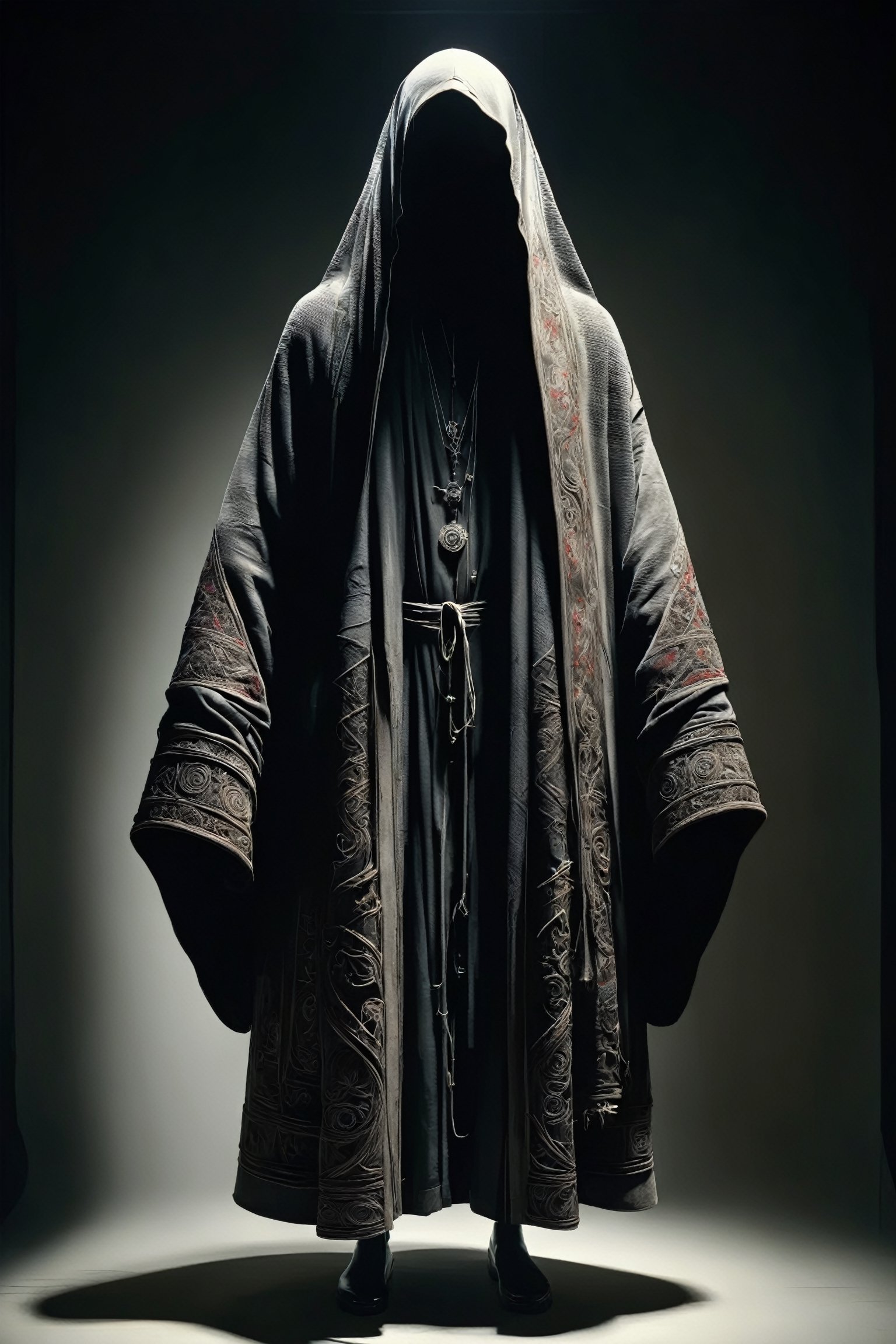 An elderly mannequins dressed in a weathered cloak adorned with traditional Slavic embroidery,((face hidden in the shadows:1.8)),
 His face is mostly obscured by the folds of the robe, but his long beard peeks out from beneath,Despite his advanced age, there's a sense of mystery and wisdom emanating from him, hinting at a lifetime of experiences and stories hidden within.,Hollow,
black wire mannequins