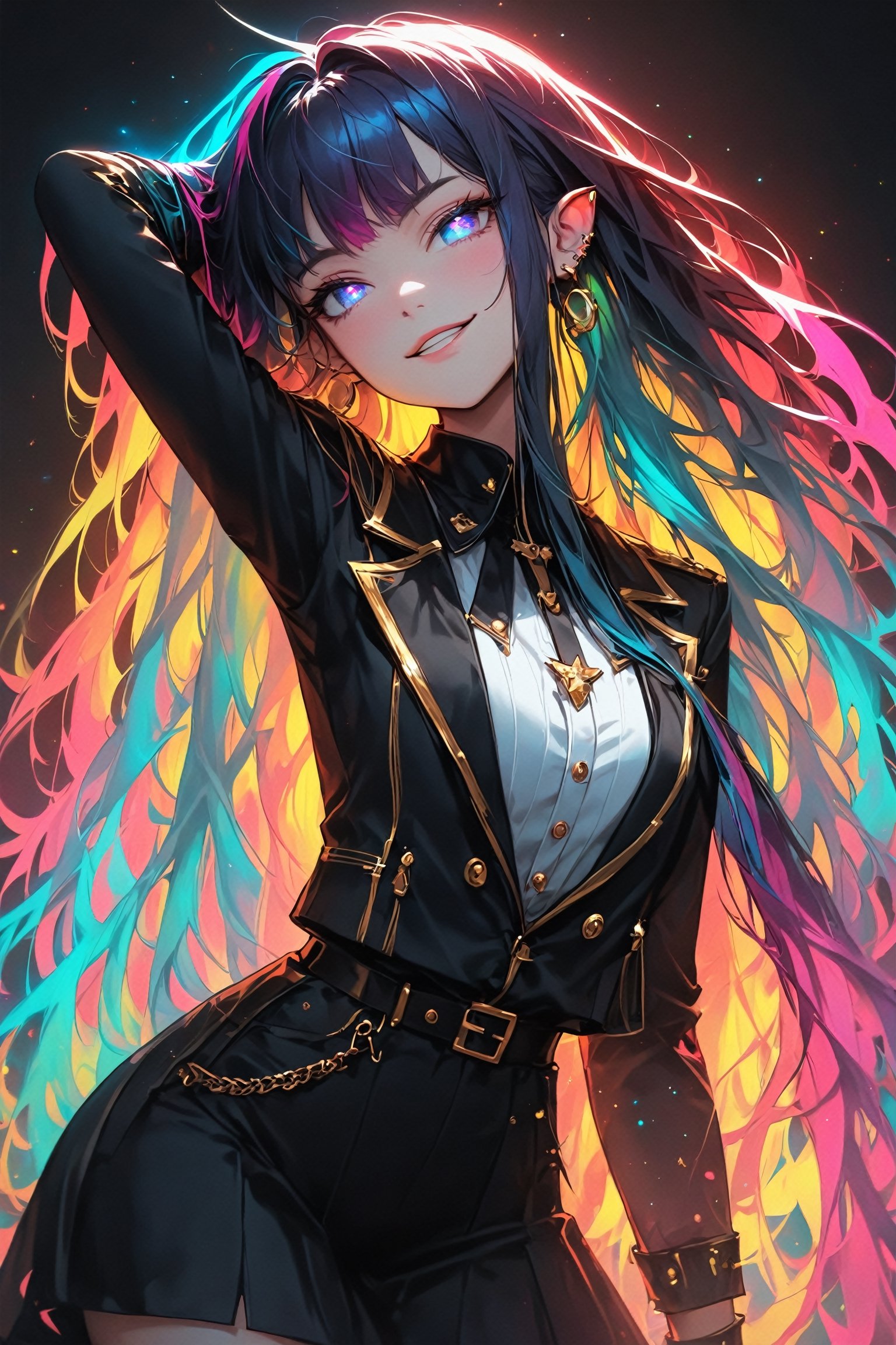 Ultra realistic,princess knight,((very long colorful dreadlocks)), seven-colored hair, wearing gorgeous and stylish western style dress suit, gold cuffs, rings,royal knight,dal,Rainbow haired girl ,zavy-hrglw,
((Hair that glows in 7 colors)), neon Light hair