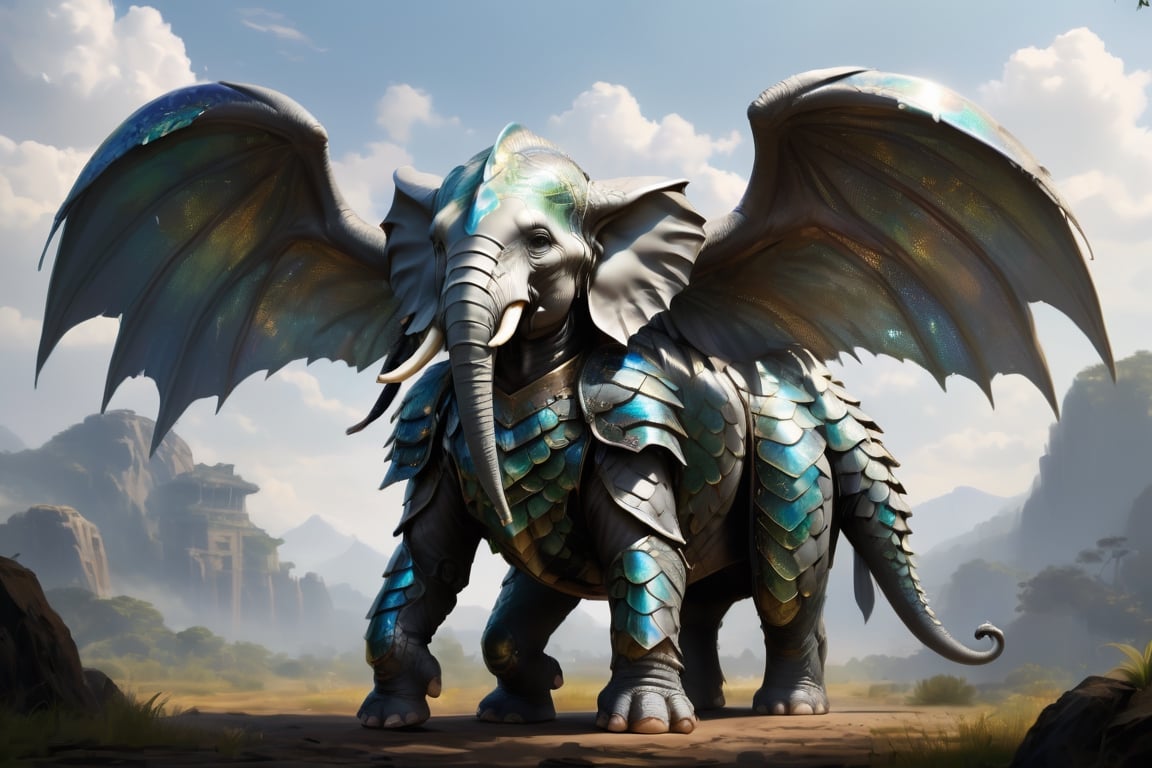 The elephant-like creature stands tall, its ears transformed into enormous angelic wings, reminiscent of divine guardians,Facing forward,Adorned in armor crafted from dragon scales, it possesses an air of formidable strength and resilience.,The dragon-scale armor shimmers with an otherworldly iridescence, reflecting the light in mesmerizing patterns. Despite its imposing appearance, there is a sense of serenity and wisdom in its gaze, as if it holds the secrets of both heaven and earth,wings,dragon armor