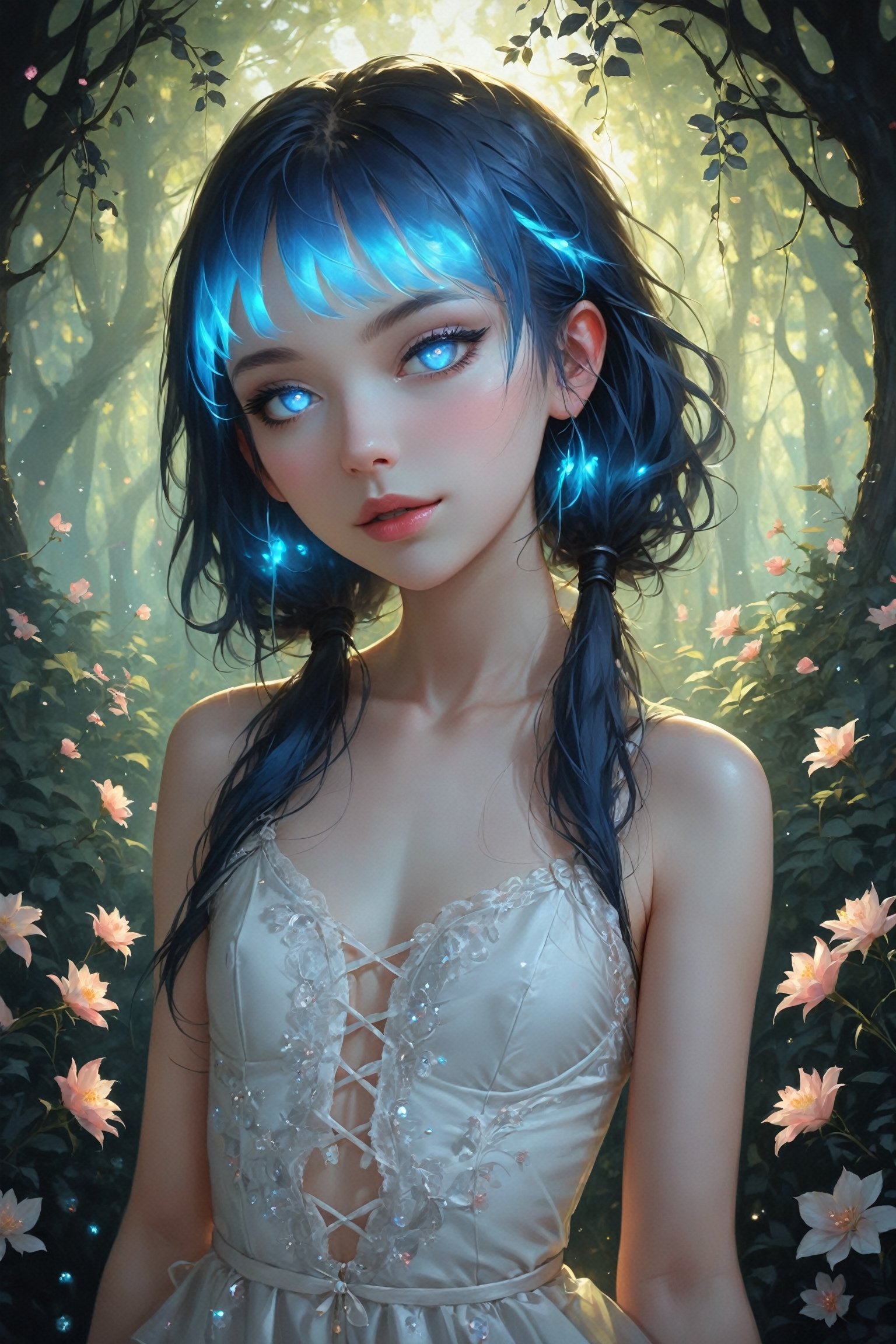  delicate albino Pixie girl,crystal hair,
Beautiful blue eyes, soft expression, (heavy black eyeshadow:1.2), Depth and Dimension in the Pupils,Seven-colored hair that shines vaguely,(colorful hair),
She stands in stillness, adorned with soft, pale-colored petals and delicate flowers cascading from her hair, creating a dreamlike beauty. Her eyes, silver or pale blue, convey mystery and wonder as she moves gracefully through the enchanting landscape.,zavy-hrglw,Rainbow haired girl 