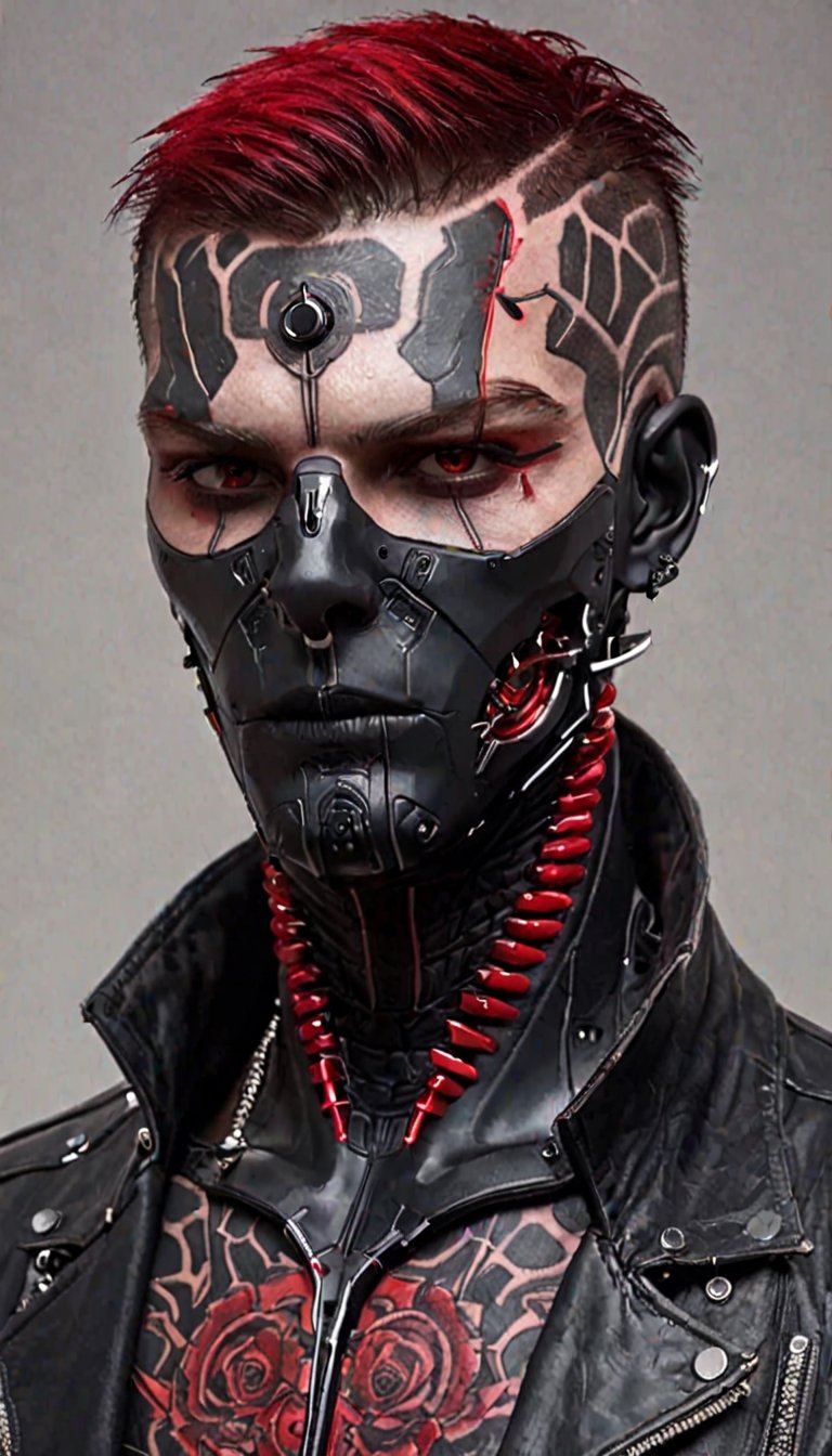 1man,High tech cybernetic vampire, detail, high detail,short hair, vampire with bloody crimson dagger,((briar pattern tattoo on forehead:1.4)), jet black armor, red spikes, red blood, crimson blood, 2077, cyberpunk, zavy-cbrpnk, faceplate,cyborg