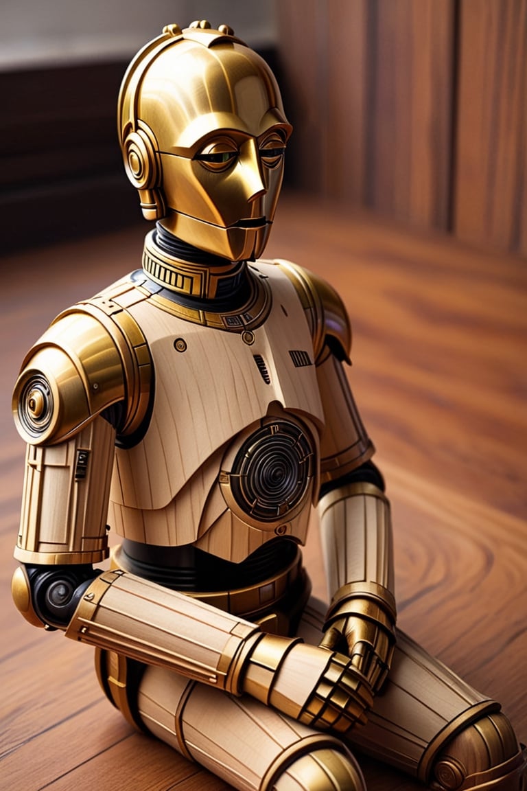 C-3PO made of wood, faithfully and smoothly reproduced in every detail of the iconic droid, wood grain body,wood carving style,woodfigurez