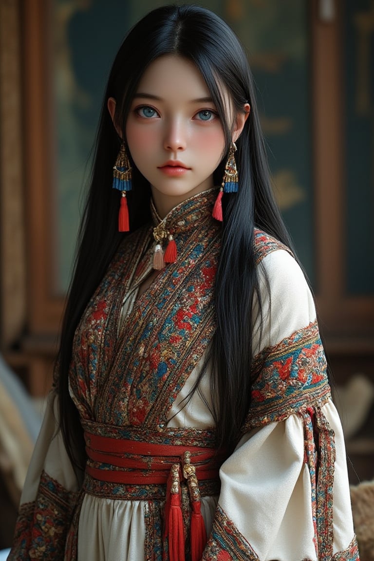 Super detailed, super realistic, beastly,beautiful Nordic girl,
 wears old folk costume, long straight black hair, Yakuts folk costume,(beautiful blue eyes), almond eyes, intricate textile decorated with colorful and intricate geometric patterns, arm ornamentation, decorative embroidery.
Beautiful crystal blue eyes, almond eyes, intricate fabrics decorated with colorful and intricate geometric patterns, clothes in earth colors such as White red and green,,aw0k euphoric style, ,perfect likeness of TaisaSDXL,dal,ct-identityV2